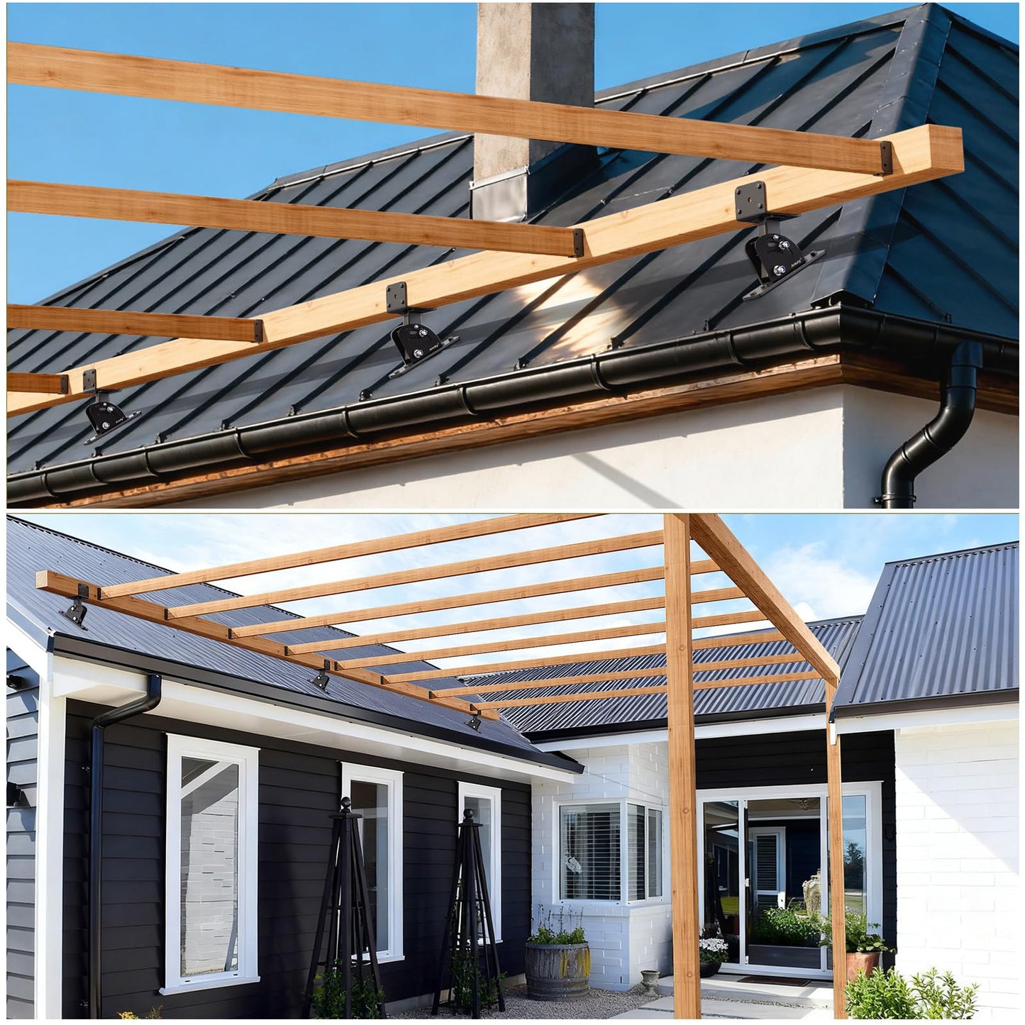 Roof Riser 4x4 (Actual Size:3.5"×3.5") Adjustable & Anchored Angle Saddle Patio Pergola Stainless Steel Roof Riser Patio Kit (3 Pack)(Patent Pending)