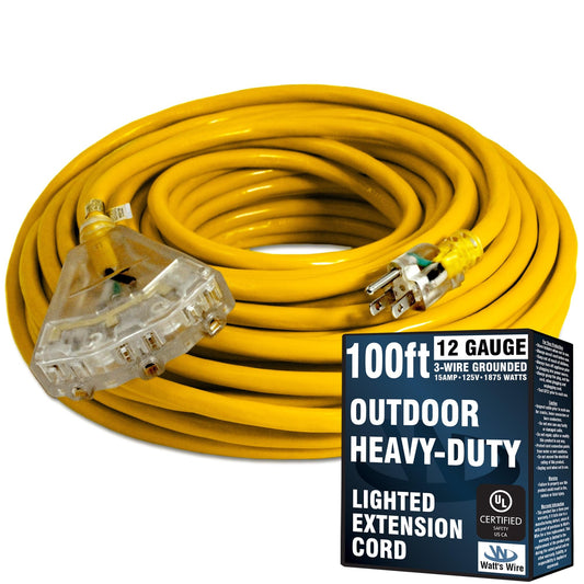 100 ft Outdoor Extension Cord Waterproof - 12 Gauge Heavy Duty Extension Cord 100 ft - Lighted Outdoor Extension Cords with Multiple Outlets - Watts Wire - 100' Grounded - extensiones electricas