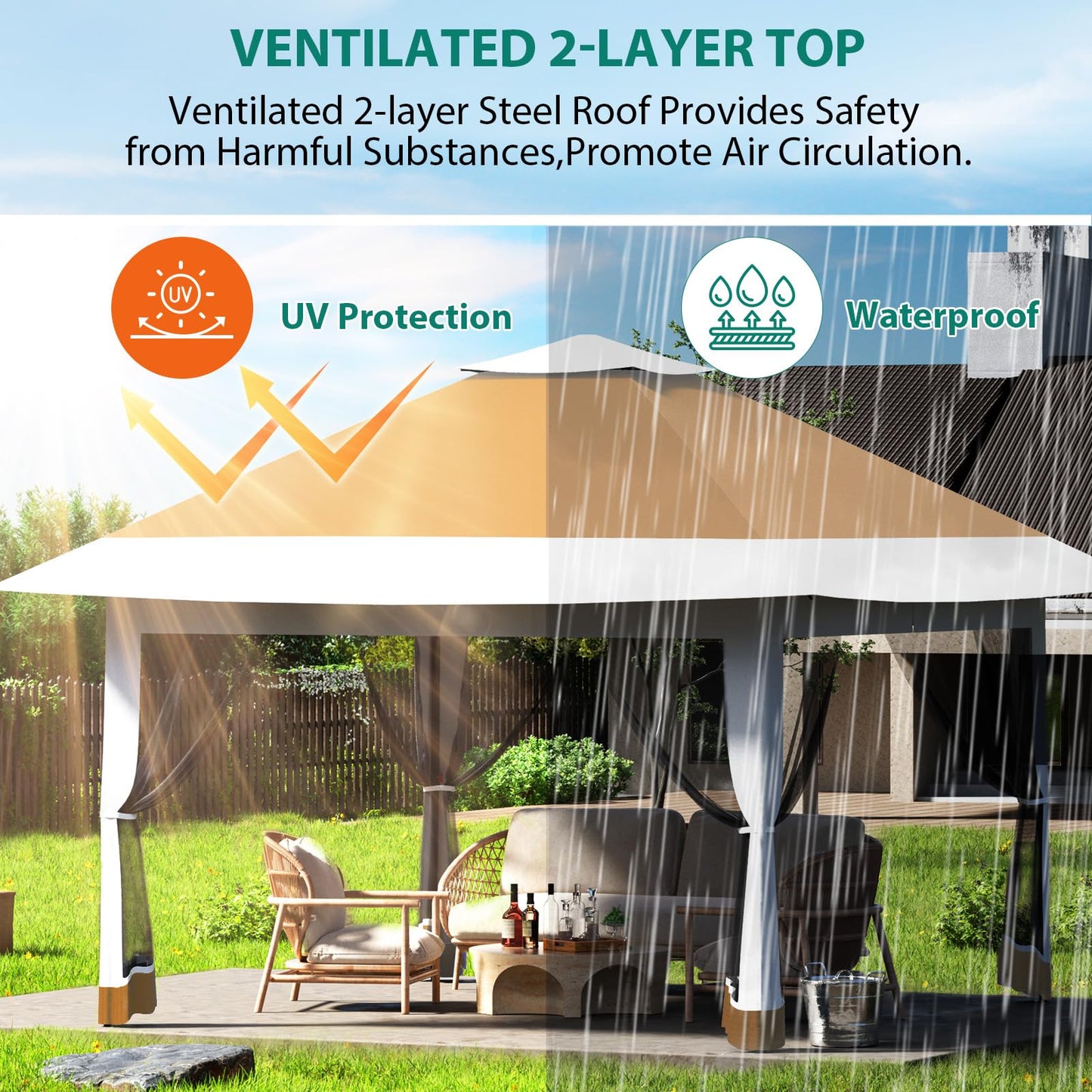 GarveeTech Pop Up Gazebo 12x12 ft Canopy Tent with Mosquito Netting, Outdoor Patio Gazebo with 3 Adjustable Heights, Tent Shelter Quick Setup Backyard Tent for Party,Wedding (Khaki)