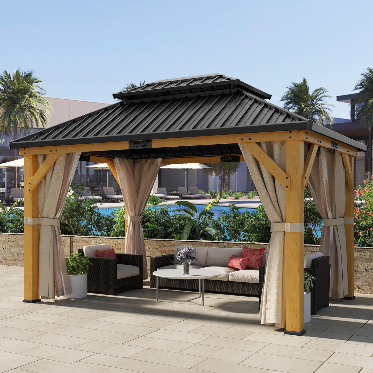 DWVO 11X13FT Gazebo Wood Outdoor Wooden Frame Double Roof Hardtop Galvanized Steel Top Canopy w/Curtain and Netting, Patio Heavy Duty for Deck, Backyard