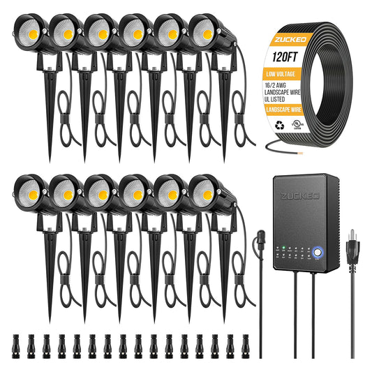 ZUCKEO All-in-One Low Voltage Landscape Lighting Kit, 5W LED Landscape Lights with Transformer, 120FT Wire and Connectors, Waterproof Outdoor Spotlight for Yard Garden House, 3000K 12V-24V, 12Pack