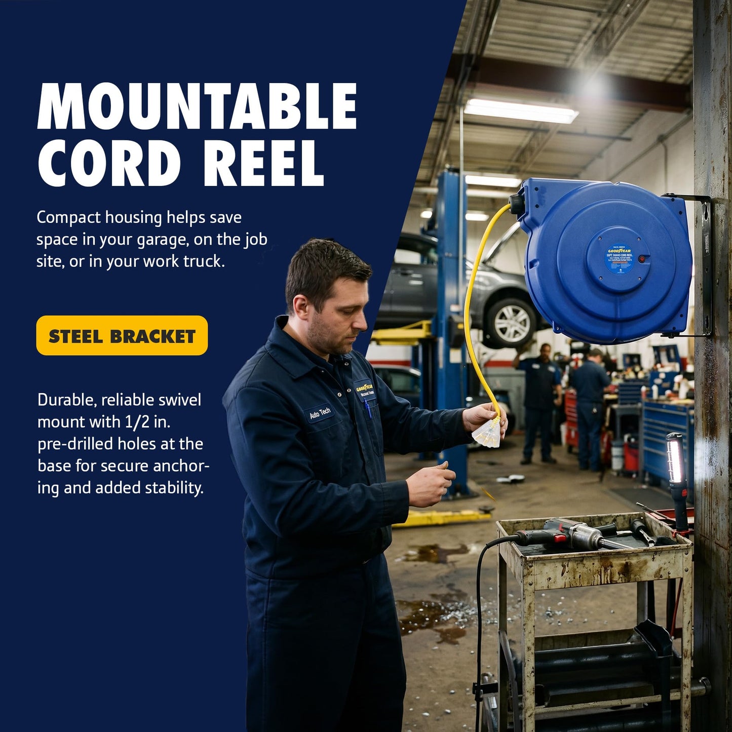 Goodyear Retractable Extension Cord Reel – Heavy-Duty Commercial Cable with Triple Tap Connector, Auto-Rewind & Wall/Ceiling Mountable (Enclosed, 12AWG x 65 ft)