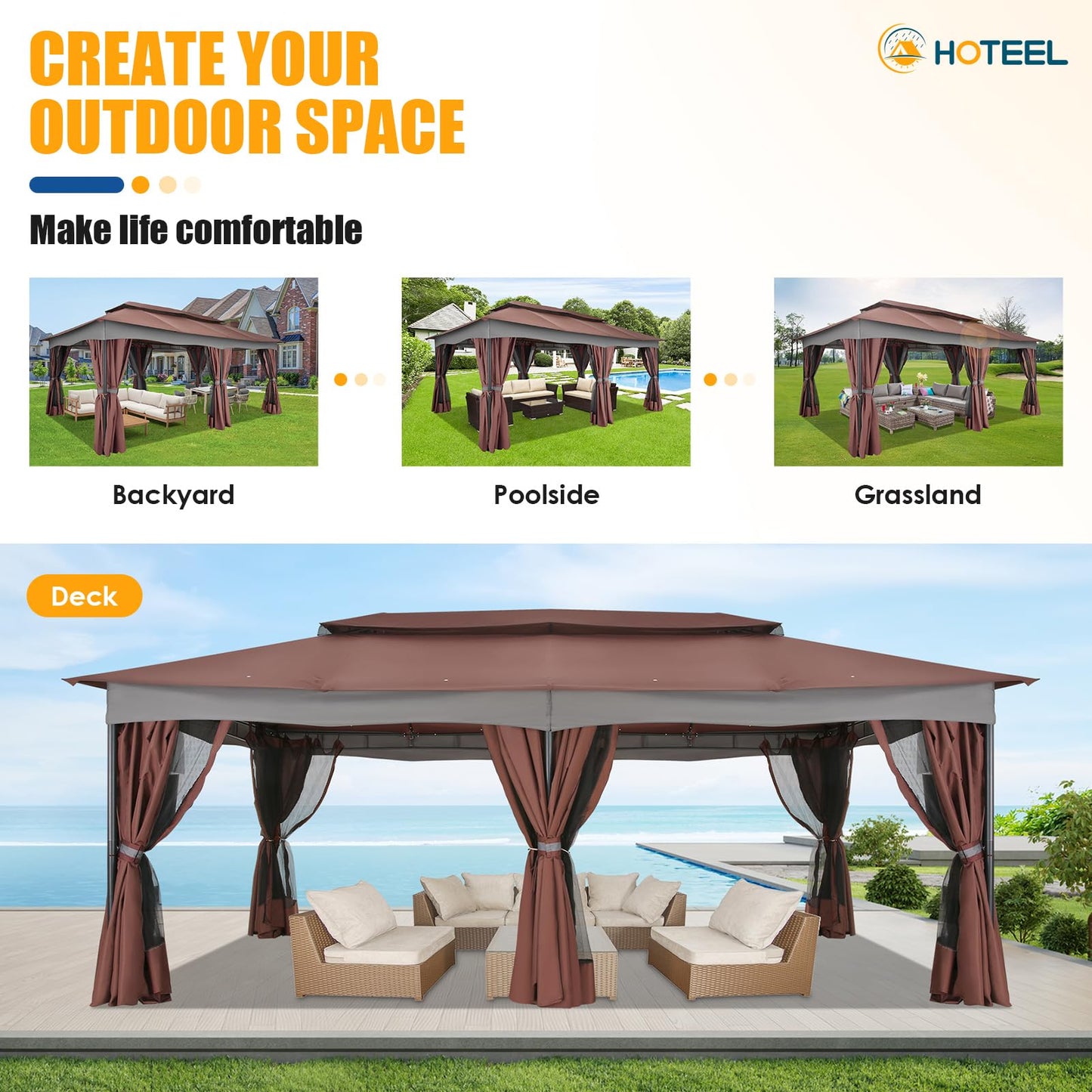 HOTEEL Gazebo 12x20, Outdoor Gazebo on Clearance with Double Ventilated Arc Roof, Privacy Curtains & Mosquito Netting, Easy Set up Canopy Tent with Stable Metal Frame for Patio, Brown