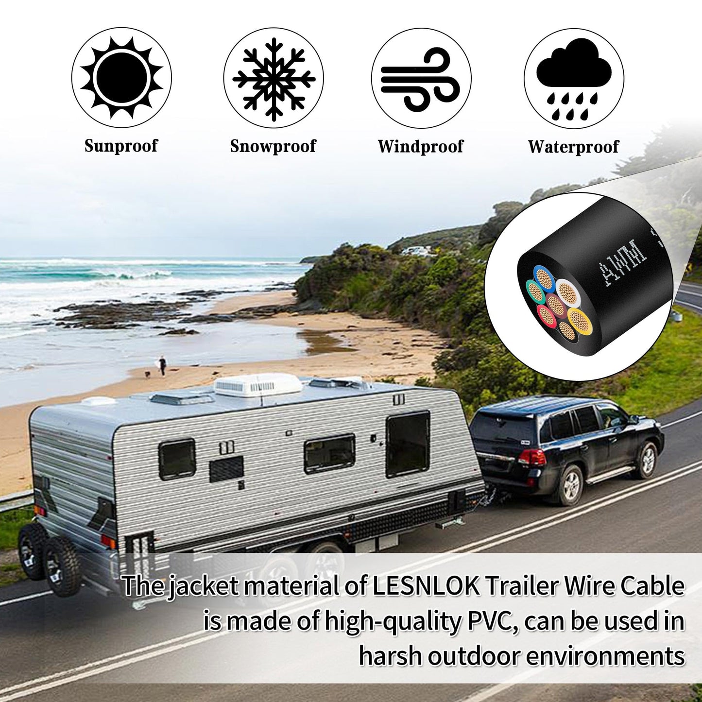 Lesnlok 7 Way Trailer Wire 100 FT Heavy Duty Pure Copper 14/7 Wire 14 Gauge 7 Conductor Wiring Extension Cable Insulated Cable for Rv Trailer and Automotiv (14AWG-7C, 100FT)
