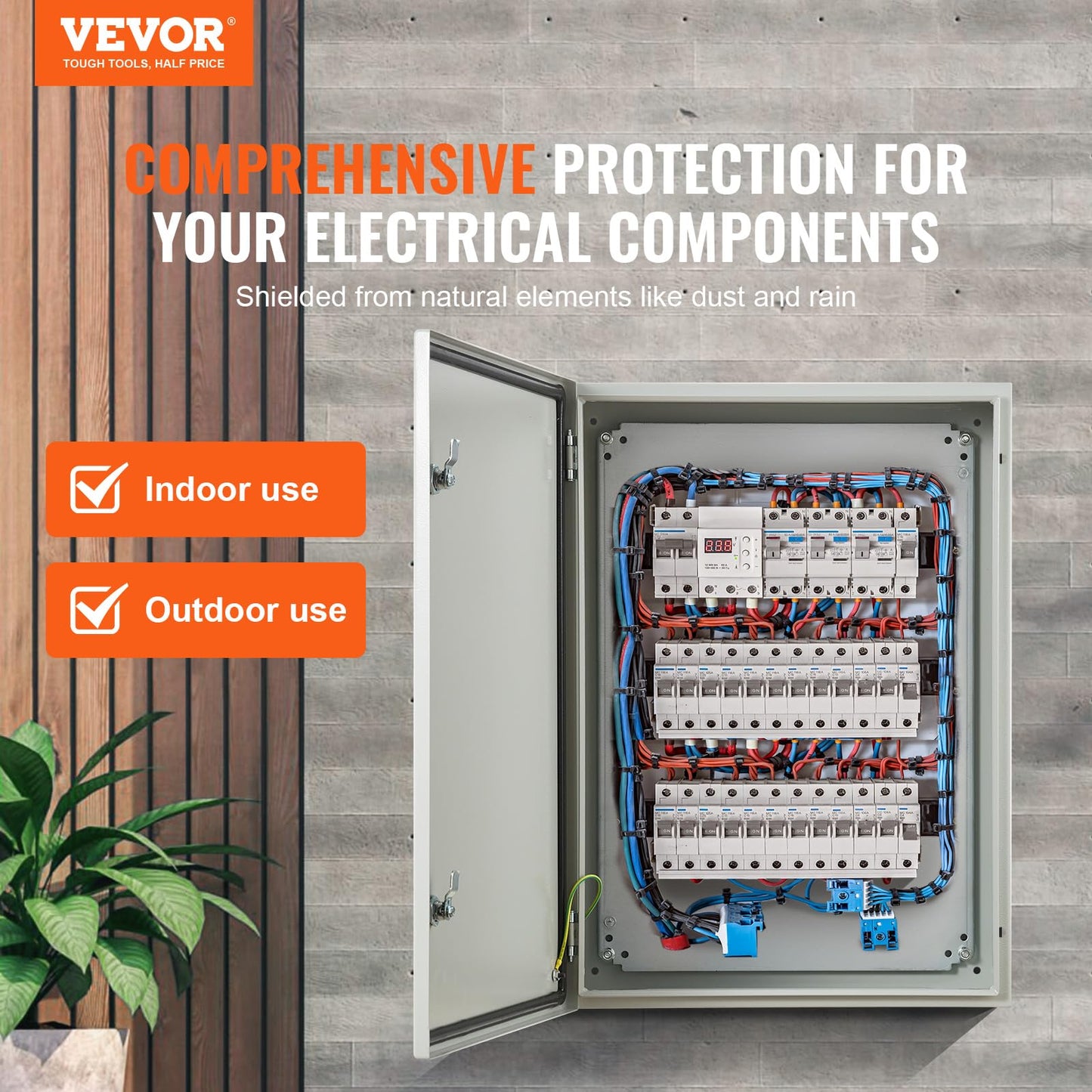 VEVOR Steel Electrical Box, 28 x 20 x 10 in, Cold Rolled Steel Electrical Enclosure Box, Wall-Mounted Outdoor Electrical Electronic Equipment Enclosure with Mounting Plate Hinges Lock, IP66 Waterproof