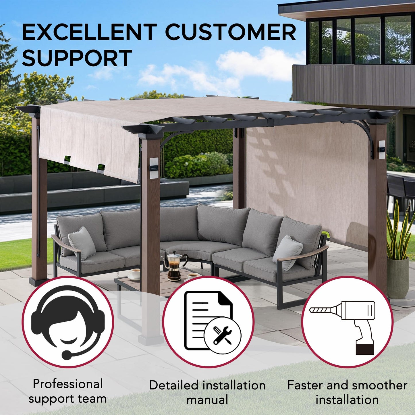 SUNJOY Outdoor Pergola 11 x 11 ft. Steel Pergolas with Sliding Canopy and Solar Lights for Patio, Backyard, Garden Activities