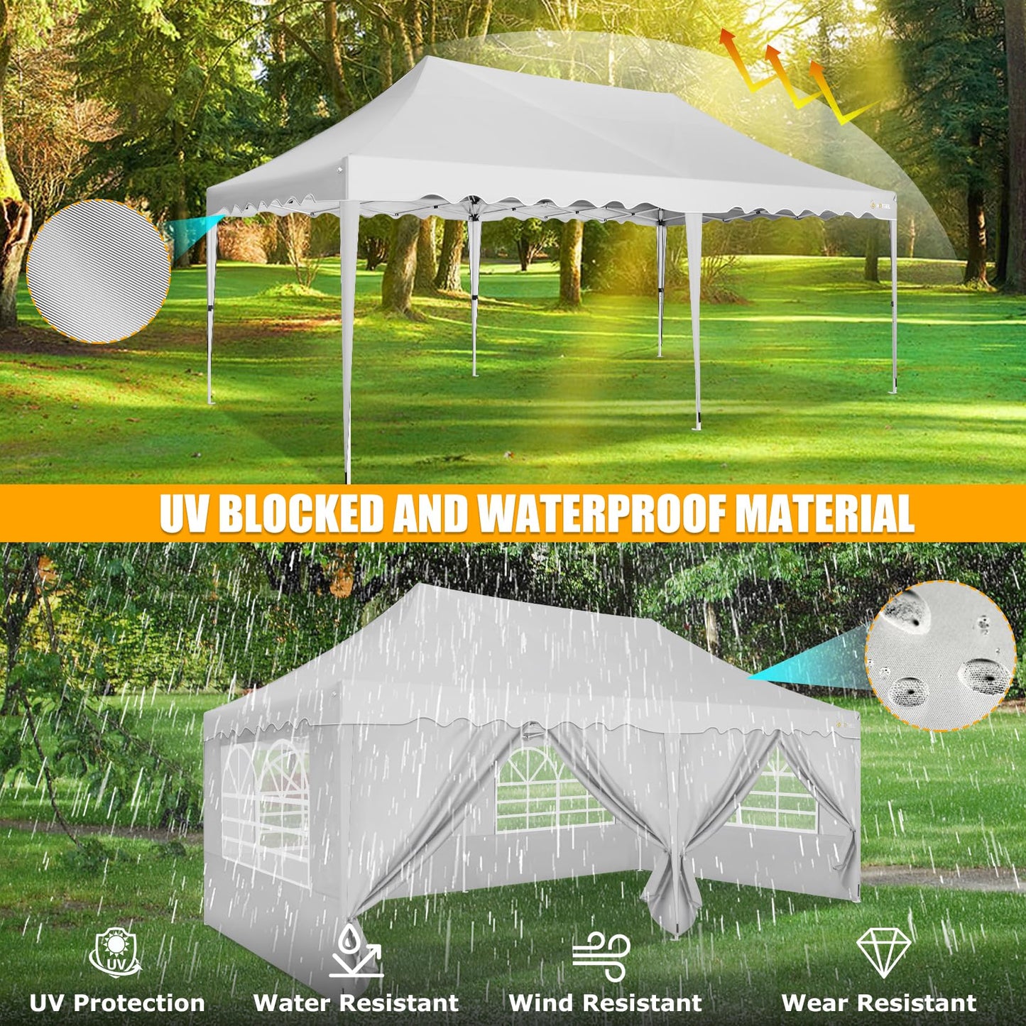 HOTEEL 10x20 Pop Up Canopy, Outdoor Easy Setup Party Tent, Waterproof Portable Enclosed Event Shelter with Wheeled Bag, Weight Bag for Backyard, Vendor, White