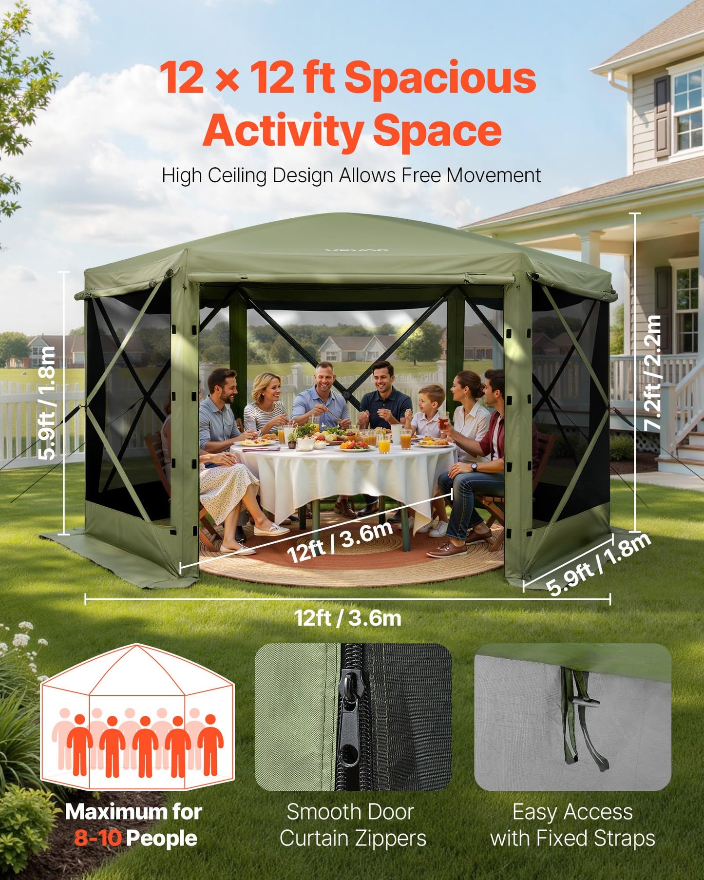 VEVOR Pop up Gazebo Screen Tent, 12 x 12 ft Large 6-Sided Camping Canopy Tent with Removable Top & Carry Bag, Quick-Set & Bite-Proof, Screen House Sun Shelter for 8-10 Persons Backyard Patio, Green