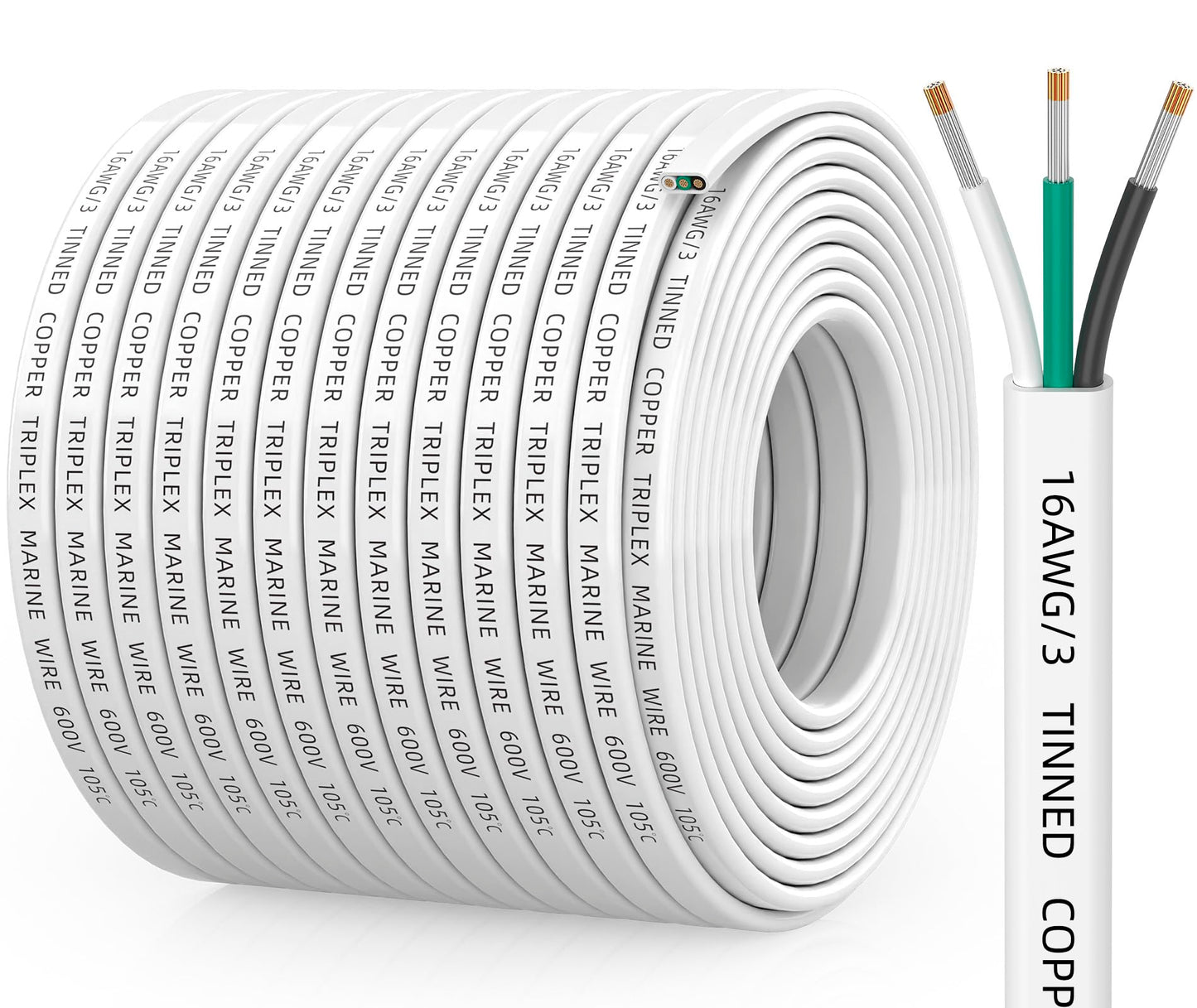 CONEPY 16 Gauge Marine Wire, 16/3 Triplex Marine Grade Cable, IP68 Waterproof/Oxygen-Free Tinned Copper Stranded PVC 16 AWG Wire for Boat, Automotive, RV, Solar, LED Strips (200FT)