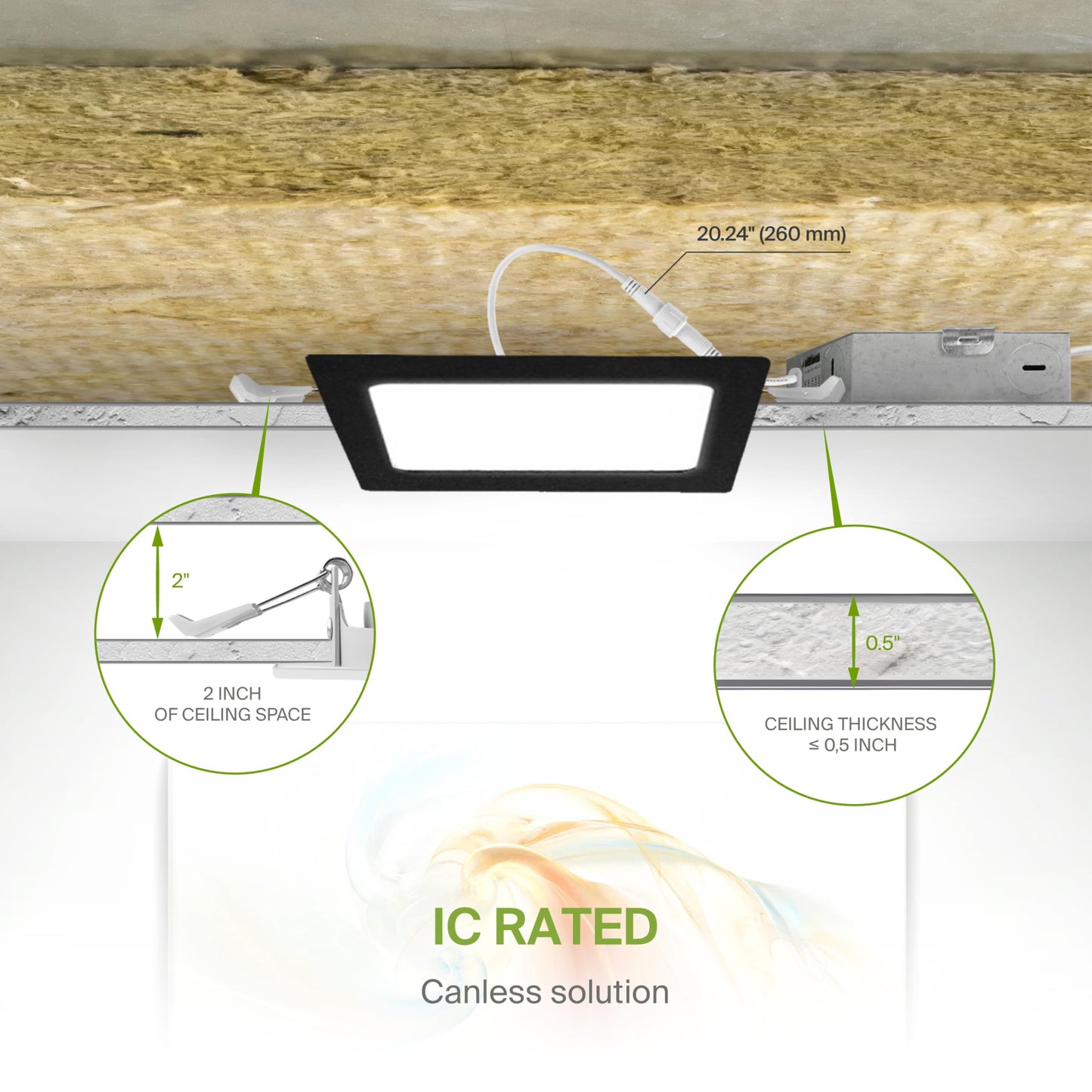 ASD 12 Pack LED Square Recessed Lighting 6 Inch, 5CCT 2700K-5000K CRI90+, Dimmable Ultra-Thin Canless Wafer Lights, IC Rated Ceiling Light Fixtures with Junction Box, ETL Energy Star, Black