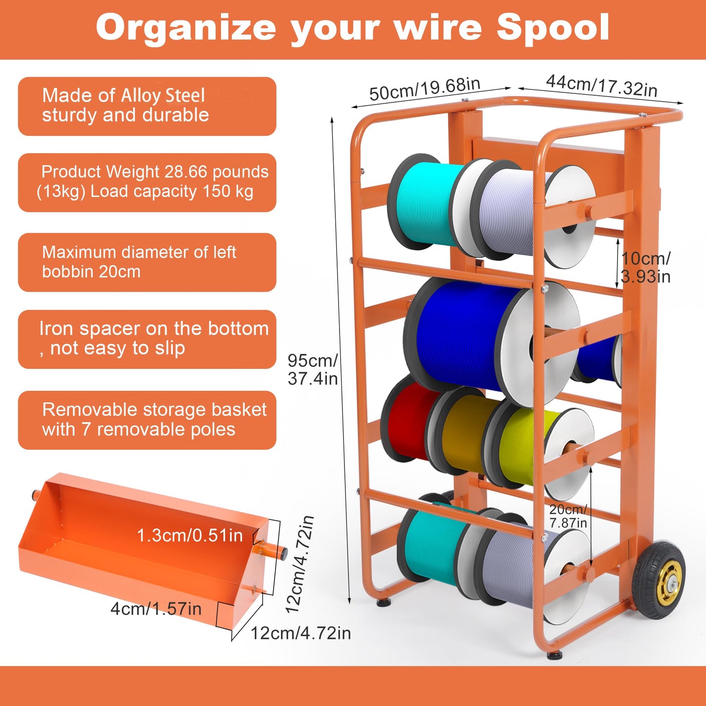 Gtouse Wire Spool Rack, Multi-Spool Wire Cart Cable Caddy, 11 Rods Heavy Duty Electrical Wire Spool Storage Holder with Wheels, Cable Spool Dispenser Rack for Electrical Industrial Retail