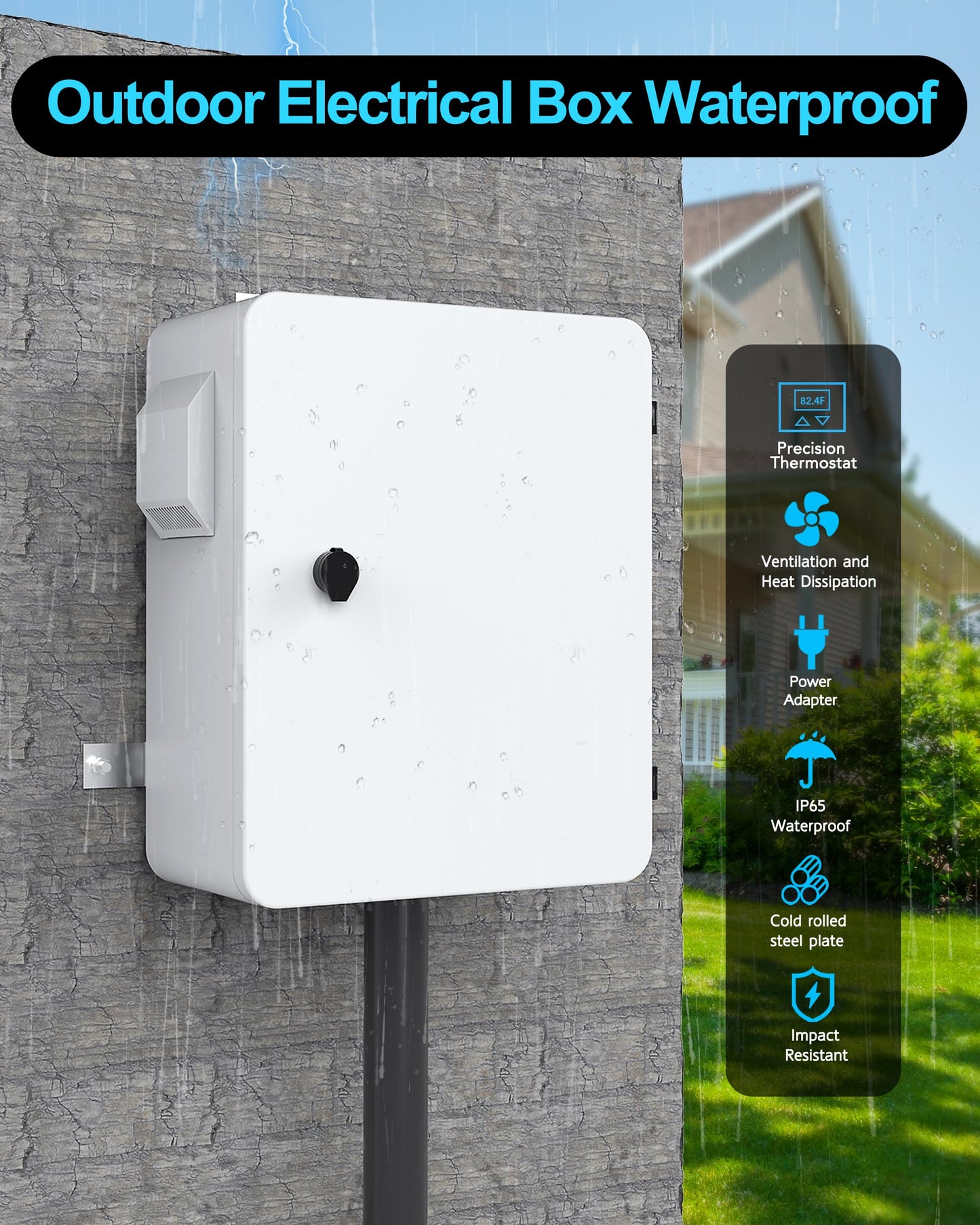 Akwscyby Outdoor Electrical Box with Thermostat and Fan, Precise Temperature Control 0.1°F, IP65 Water Resistant Rating, Galvanized Steel, Aluminum Rear Beam(19.7" x 17.7" x 7.9")