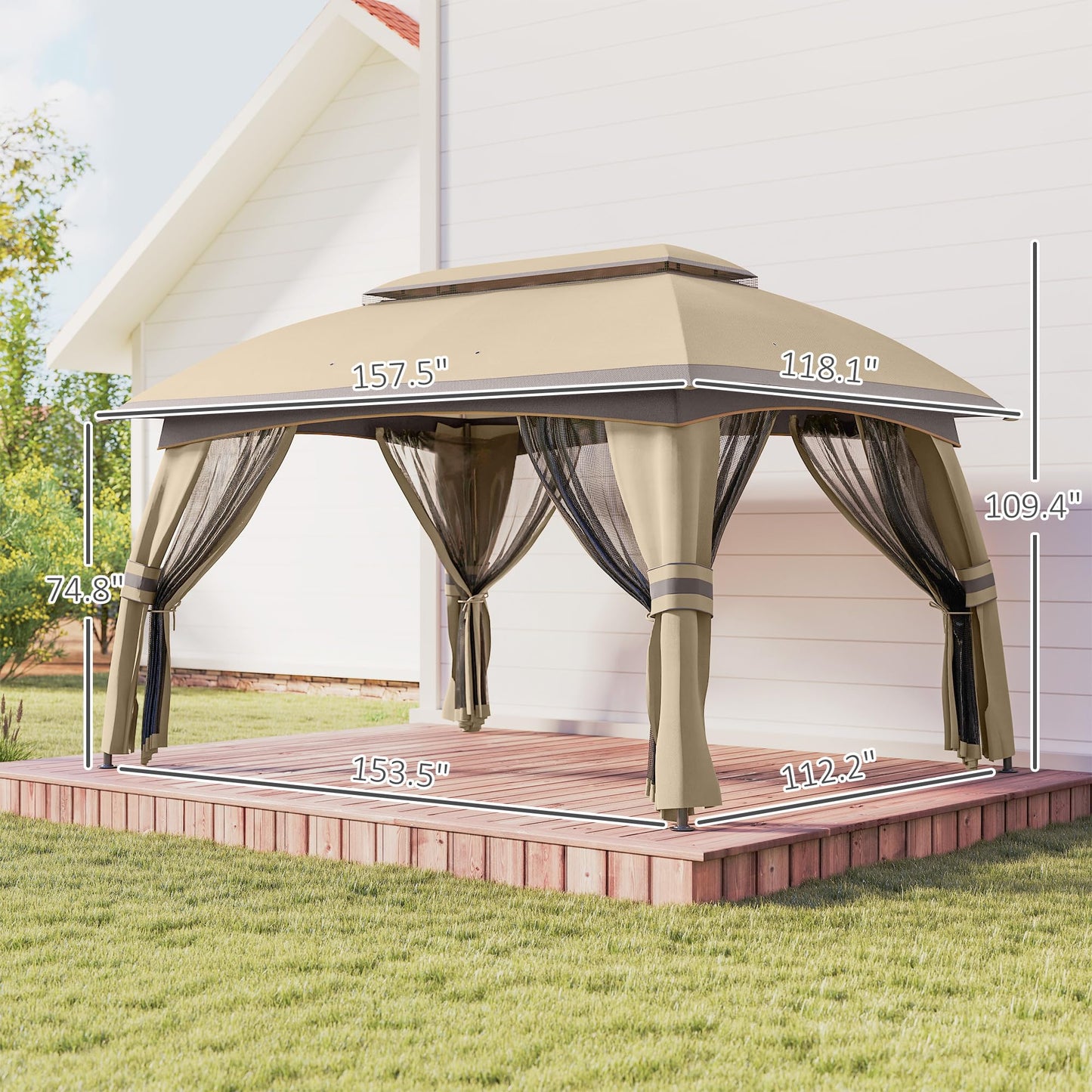 Outsunny 10' x 13' Patio Gazebo, Outdoor Gazebo Canopy Shelter with Netting, Vented Roof, Steel Frame for Garden, Lawn, Backyard, and Deck, Beige