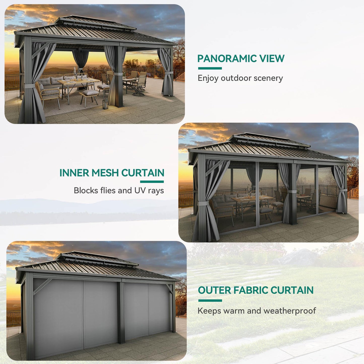 YITAHOME 12X18FT Metal Hardtop Gazebo Double Roof Canopy Galvanized Iron Aluminum Garden Gazebo Curtains Netting for Patios Backyards Decks Lawns