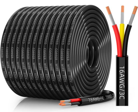 CONEPY 16 Gauge Wire 3 Conductor Electrical Wire, 16 AWG Tinned Copper Stranded PVC Cable, IP68 Waterproof/Flexible/Low Voltage Cord for Automotive, Marine, Solar, LED Lighting (200FT)