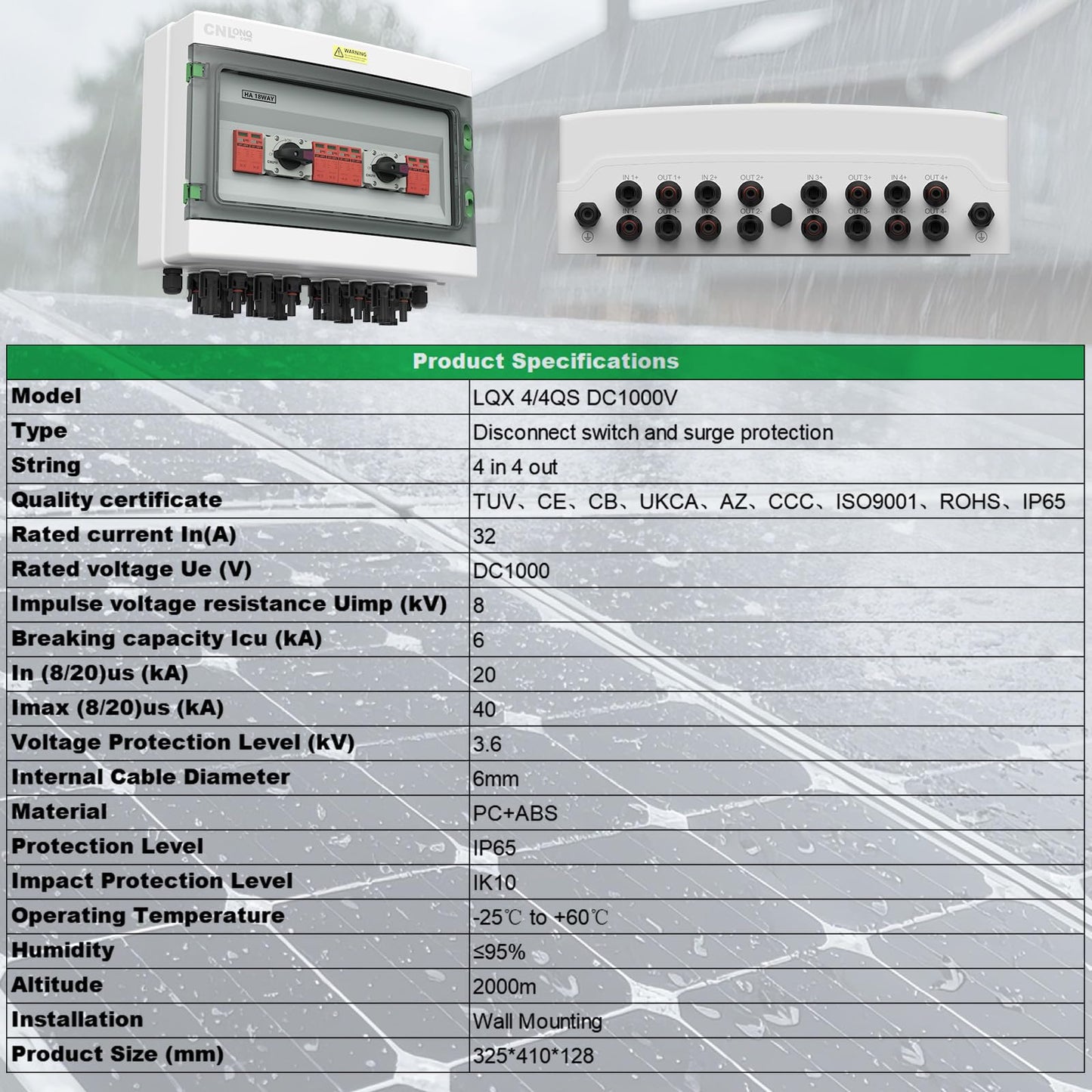 CNLonQcom 4 Strings Solar Disconnect Switch 32 Amp DC1000V with Lightning Surge Protector Arrester and IP65 Solar PV Combiner Breaker Box 4in 4out for Outdoor Solar Panel System