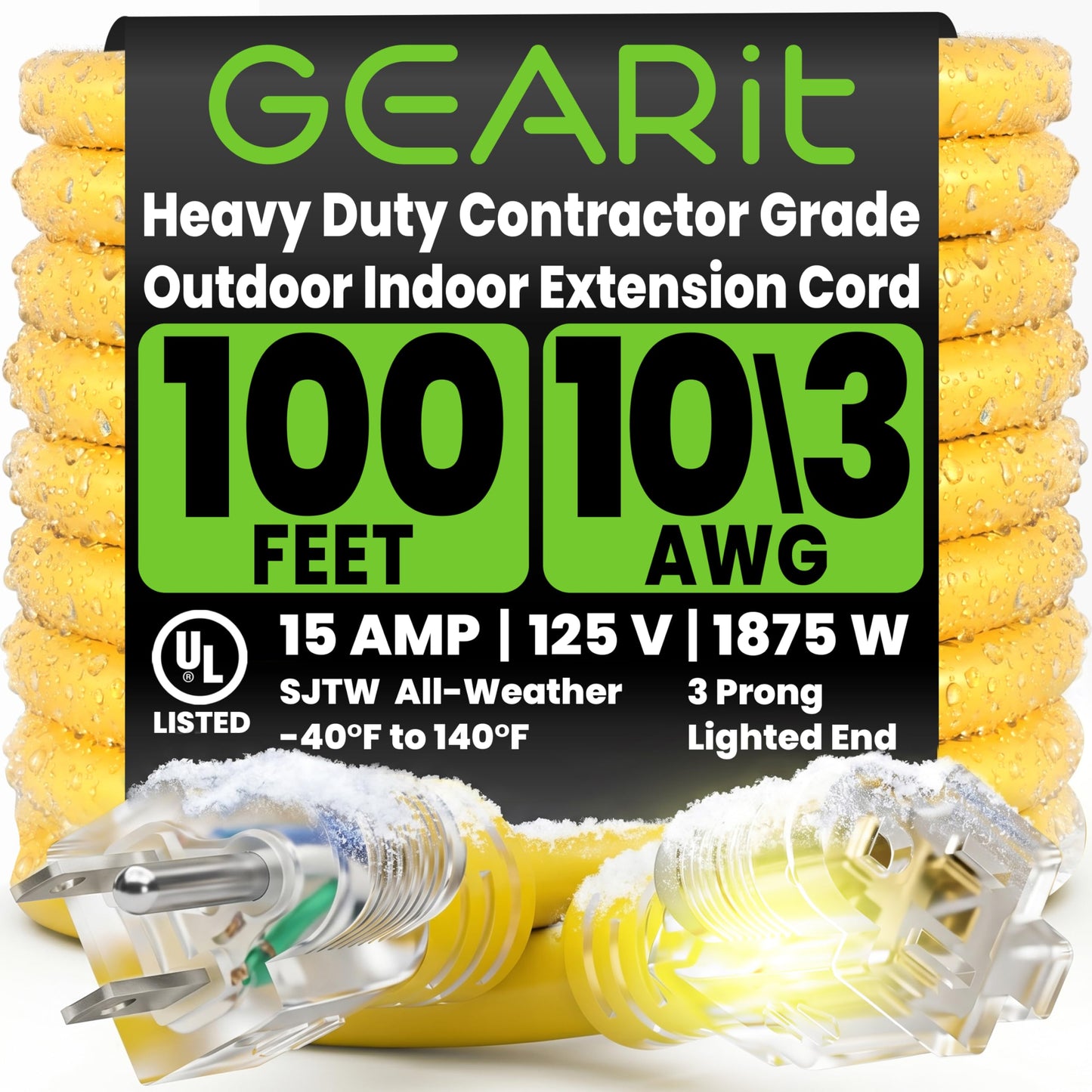 GEARit 100 ft Outdoor Extension Cord 10/3 Gauge SJTW 10 AWG, 3-Prong Heavy Duty Power Cable with Lighted End, 15A 125V 1875W, Waterproof Cord for Tools, Lawn & Garden, Yellow