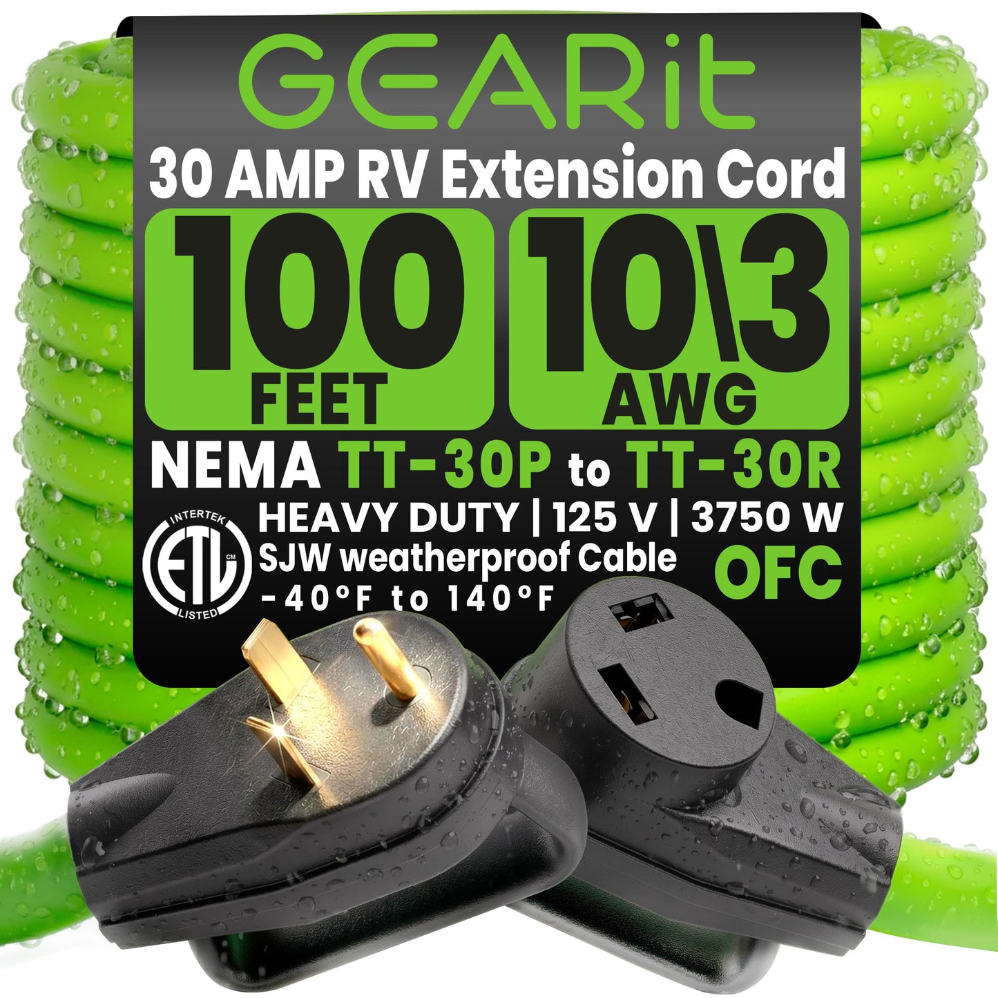 GEARit 30 Amp RV Extension Cord 100 Ft, 10/3 STW 30Amp RV Power Cord 125V 3750W NEMA TT-30P to TT-30R, 3 Prong Waterproof Heavy Duty for Camper Travel Trailer