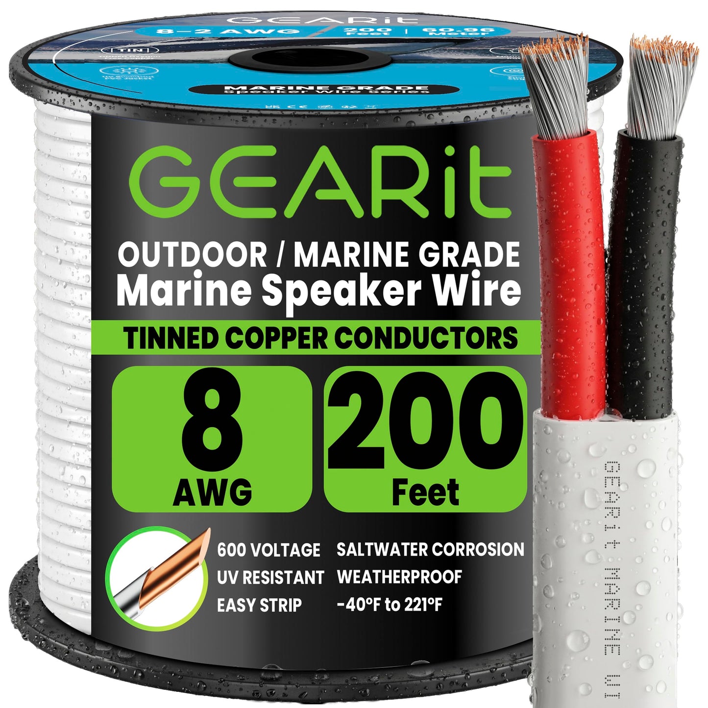 GEARit 8 Gauge Electrical Wire Cable, 8 AWG 200 Ft Landscape Wire, Marine Grade Tinned Copper Wires for Automotive, Outdoor, Speaker, Lamp, Trailer, Car