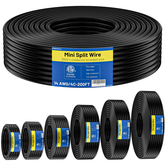 ZONEGRACE 14/4 Mini Split Cable 200FT, 14 AWG 4 Conductor Control Stranded Pure Copper ETL Listed 300V 105C Mini Split Communication Wire for Heat Pump HVAC Thermostat Color Coded