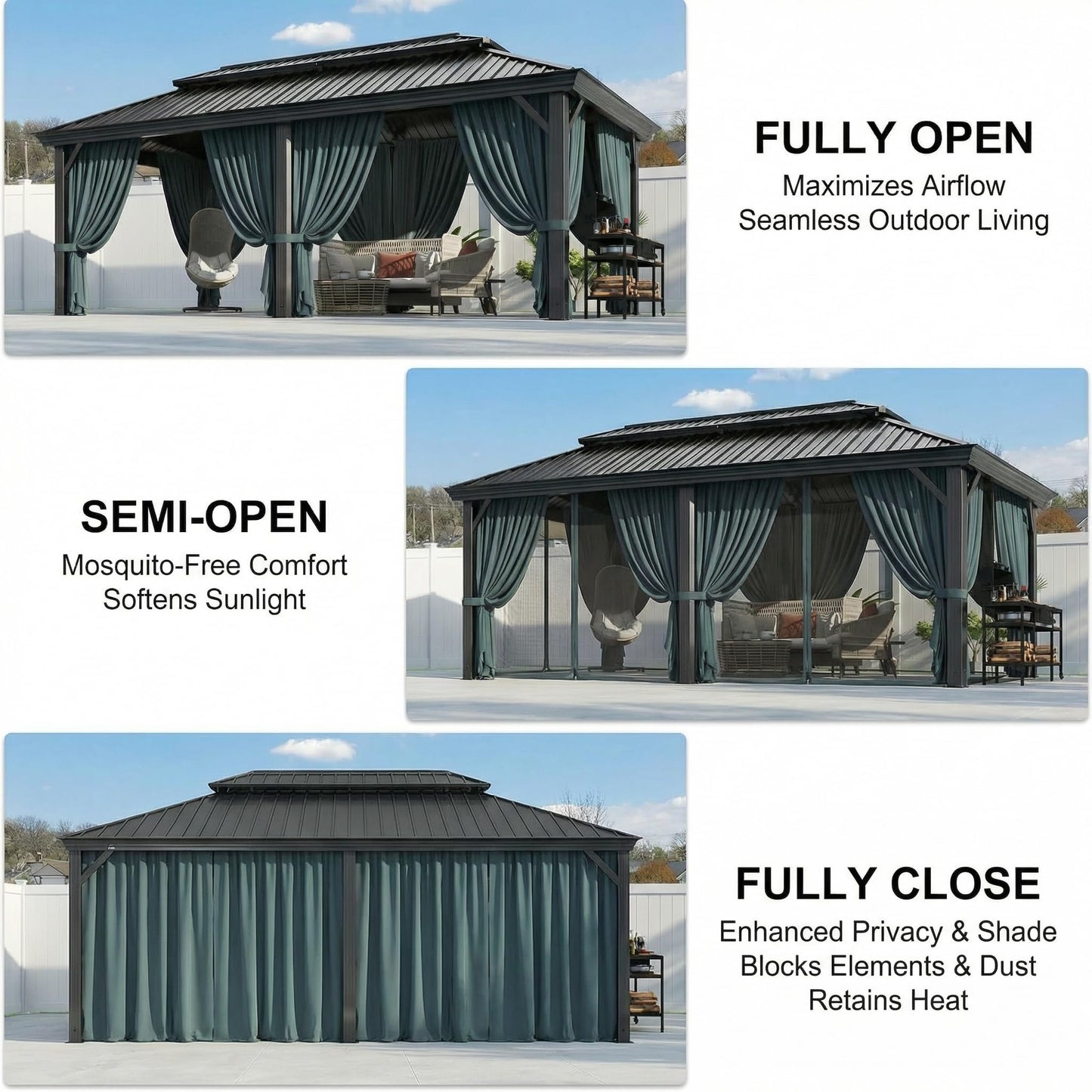 HOTEEL Gazebo 12x20 on Clearance with Metal Roof, Heavy Duty Hardtop Gazebo with Flame-Retardant Curtain & Netting, Outdoor Gazebos with Galvanized Steel Double Roof for Party,Patio Black