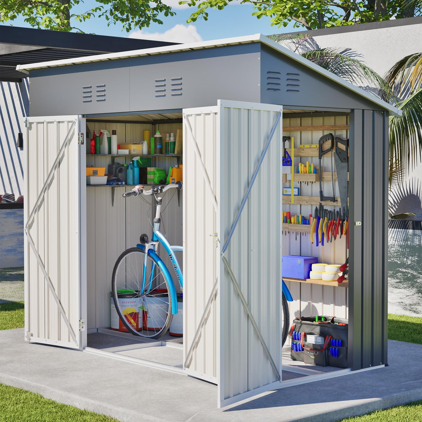 YOPTO 4x8 FT Outdoor Storage Shed,Slope Roof Storage Metal Garden Shed Steel with Reinforced Beams,All Weather Waterproof Garden Tool House W/Lockable Door & 4 Air Vents,for Backyard,Patio,Lawn,Grey