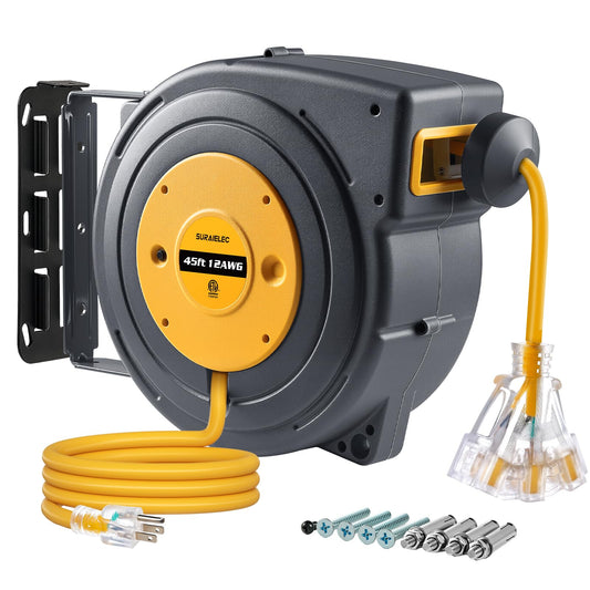 SURAIELEC 12 Gauge Extension Cord Reel, 45 FT Retractable Extension Cord, 12 AWG/3C SJTOW Heavy Duty Power Cord, 15 AMP Circuit Breaker, Lighted Triple Tap, Ceiling or Wall Mount, ETL Listed