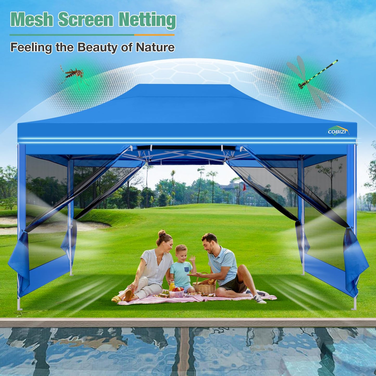 COBIZI 10x15 Canopy Tent, Heavy Duty Pop up Canopy with Sidewalls, Waterproof Easy Setup Canopy with Mosquito Netting, Outdoor Instant Screen Tents for Parties, Wedding, Backyard with Carry Bag, Blue