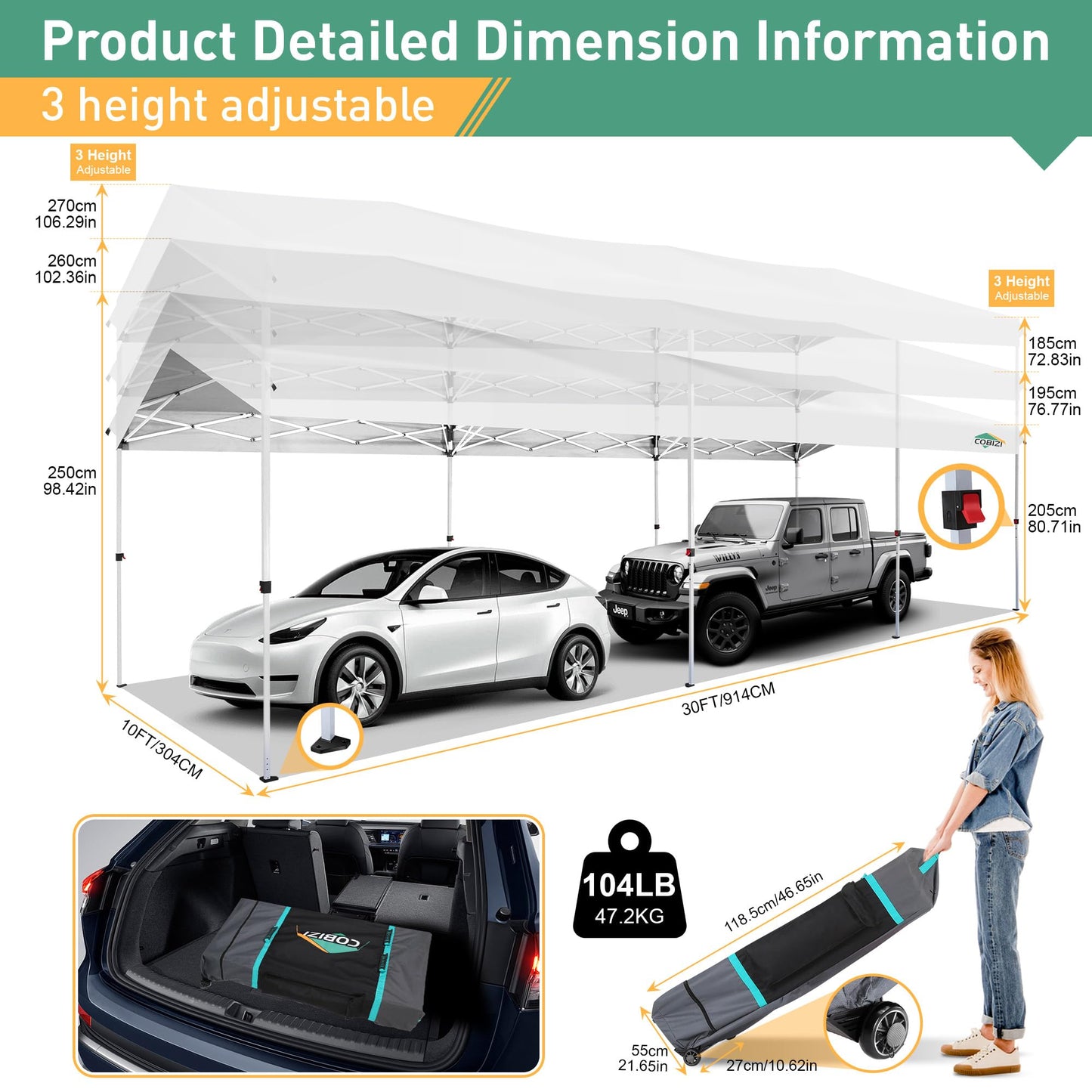 COBIZI Carport 10x30 Pop Up Canopy Car Tent with One Push Center Lock, Outdoor Portable Garage Tents for Parties UPF50+ Waterproof All-Season Car Canopy with Wheeled Bag,3 Sidewalls, Adjustable Height