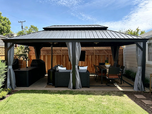YITAHOME 12x20ft Hardtop Gazebo with Nettings and Curtains, Heavy Duty Double Roof Galvanized Steel Outdoor Combined of Vertical Stripes Roof for Patio, Backyard, Deck, Lawns, Gray