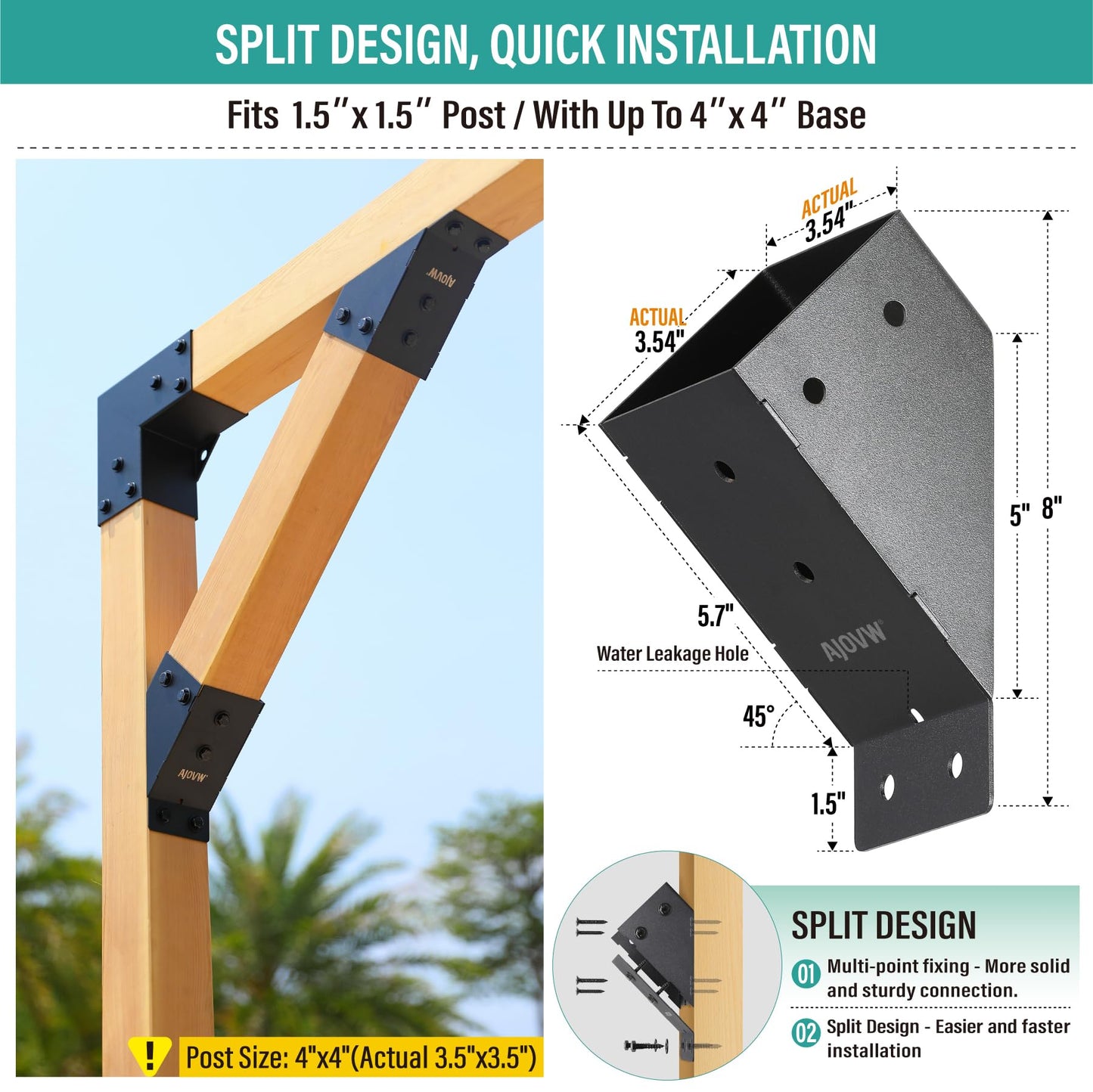 AJOVW-8-Piece 4x4 Pergola Diagonal Brace Angle Plate, Stainless Steel 45 Degree Angle Support Bracket, for Gazebos, Garages, Patios, Sheds, Gardens, and Other Applications.(Actual Size: 3.5" × 3.5" )