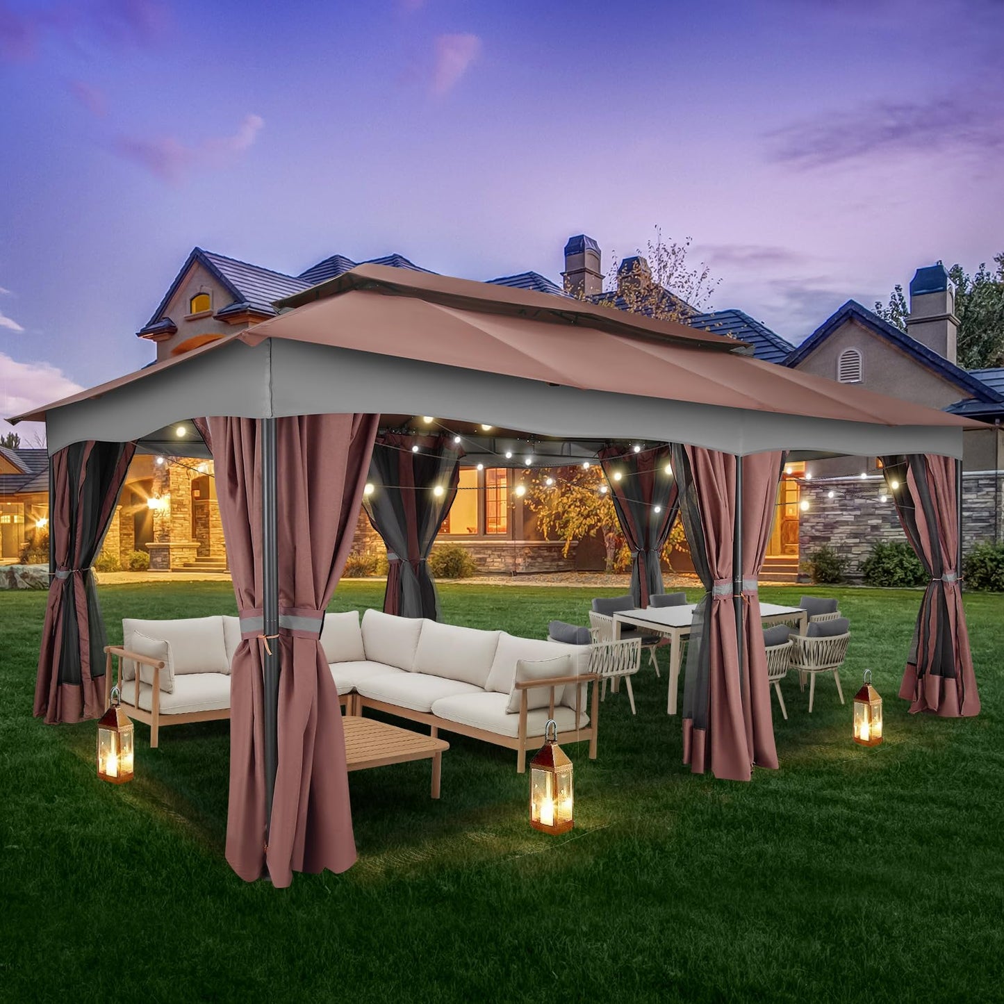 HOTEEL Gazebo 12x20, Outdoor Gazebo on Clearance with Double Ventilated Arc Roof, Privacy Curtains & Mosquito Netting, Easy Set up Canopy Tent with Stable Metal Frame for Patio, Brown