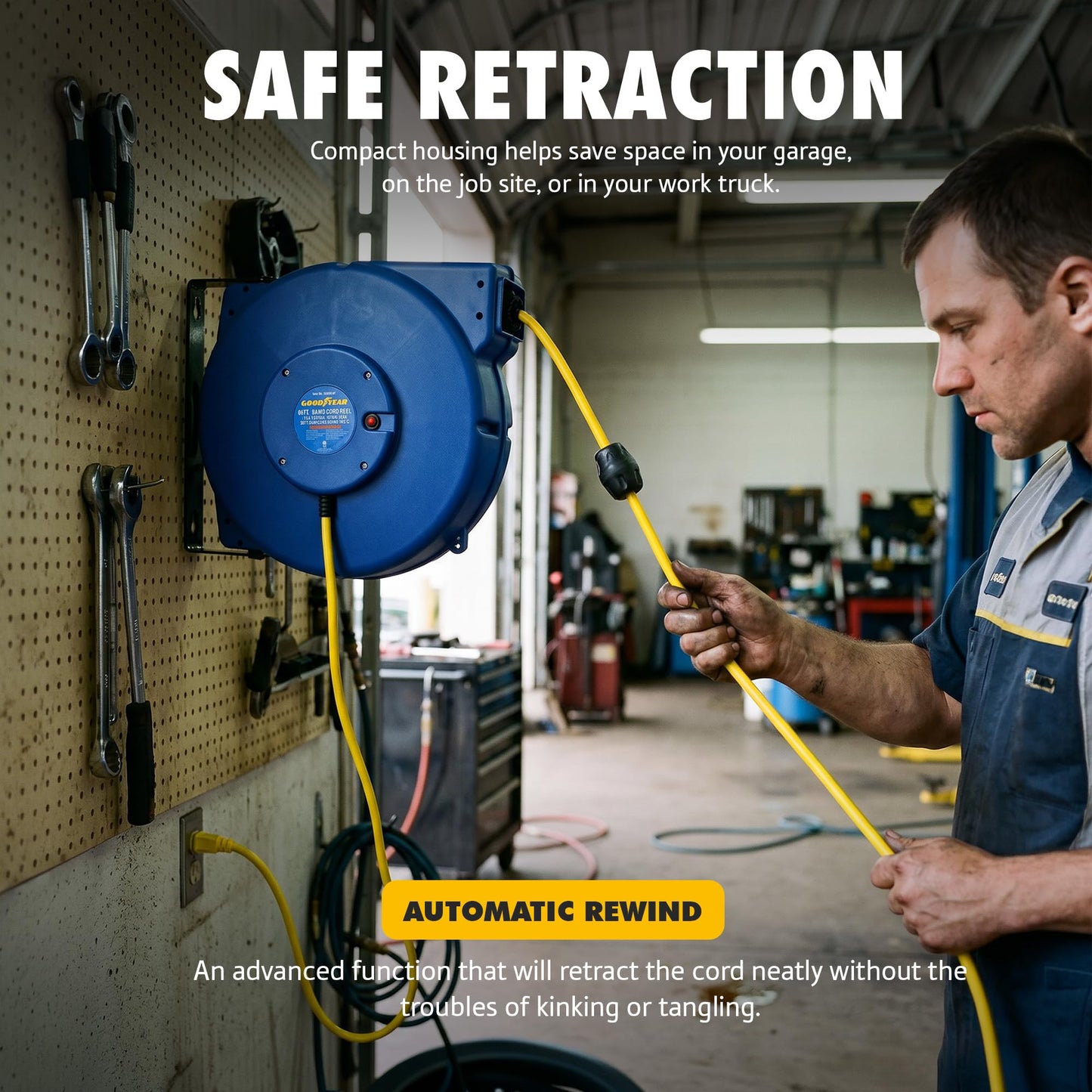 Goodyear Retractable Extension Cord Reel – Heavy-Duty Commercial Cable with Triple Tap Connector, Auto-Rewind & Wall/Ceiling Mountable (Enclosed, 12AWG x 65 ft)