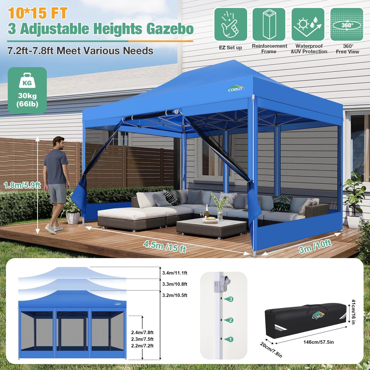 COBIZI 10x15 Canopy Tent, Heavy Duty Pop up Canopy with Sidewalls, Waterproof Easy Setup Canopy with Mosquito Netting, Outdoor Instant Screen Tents for Parties, Wedding, Backyard with Carry Bag, Blue