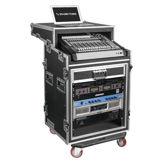 Sound Town Shock Mount 12U ATA Rack Case with 20” Rackable Depth, 11U Slant Mixer Top and Casters, 12-Space Size - Pro Tour Grade (STMR-SP12UW)