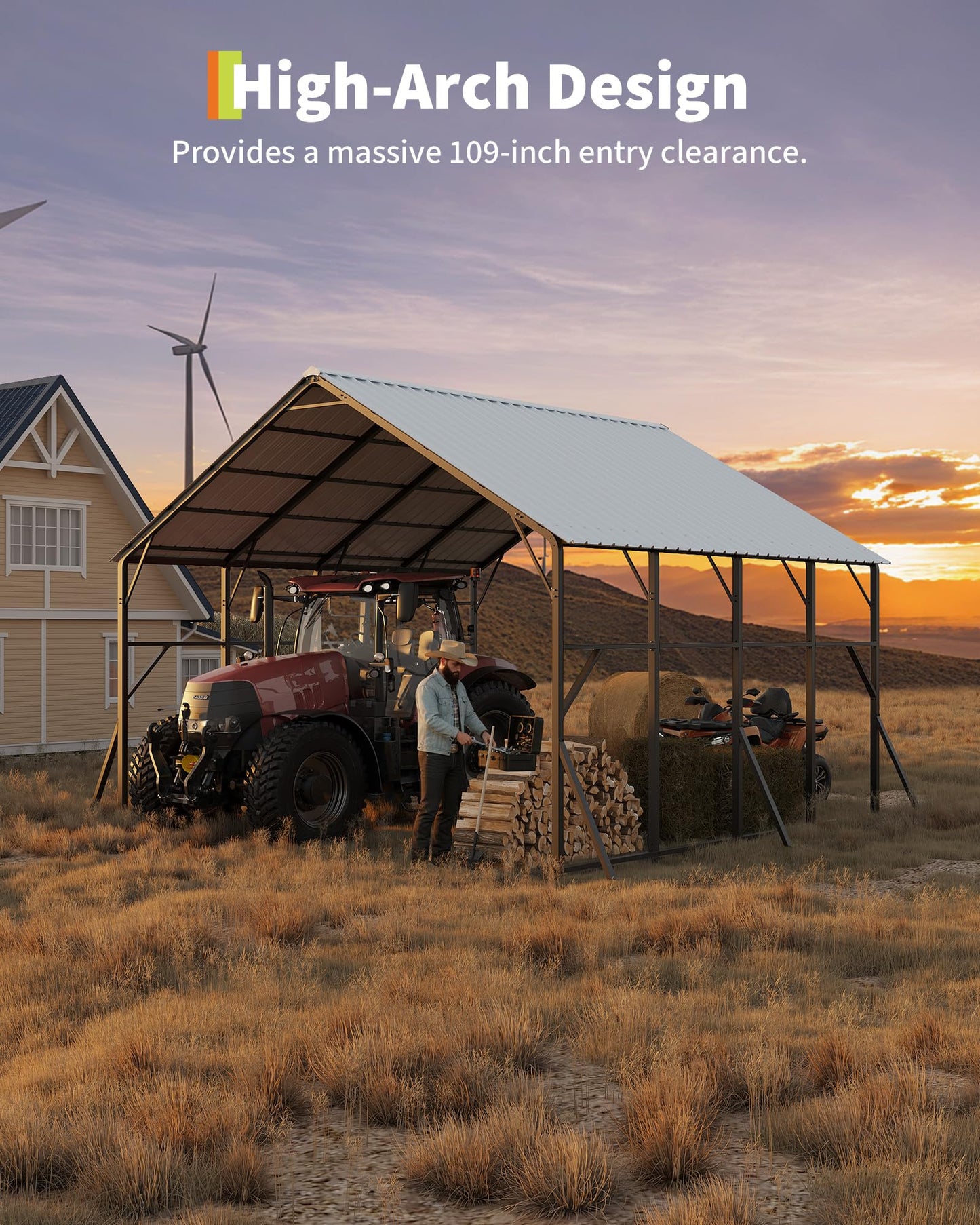 Garvee 20x20 ft Metal Carport Kit, 120° Steep-Pitch Vertical Roof for Snow Shedding, 173" High-Clearance RV & Tractor Shelter, Heavy-Duty 2 Cars Car Port with Reinforced Frame