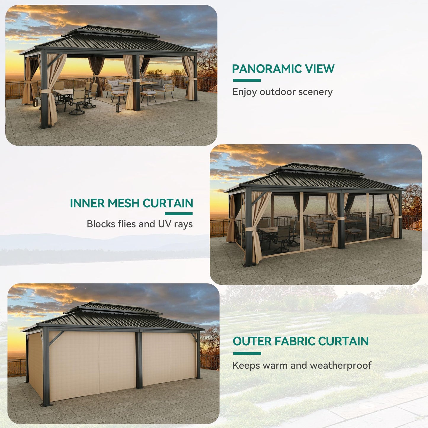 YITAHOME 12x20ft Gazebo Hardtop Canopy Heavy Duty Double Roof Outdoor w/Nettings and Curtains, Upgraded Aluminum Column Galvanized Steel Vertical Stripes Roof for Patio, Backyard, Deck, Lawns, Brown