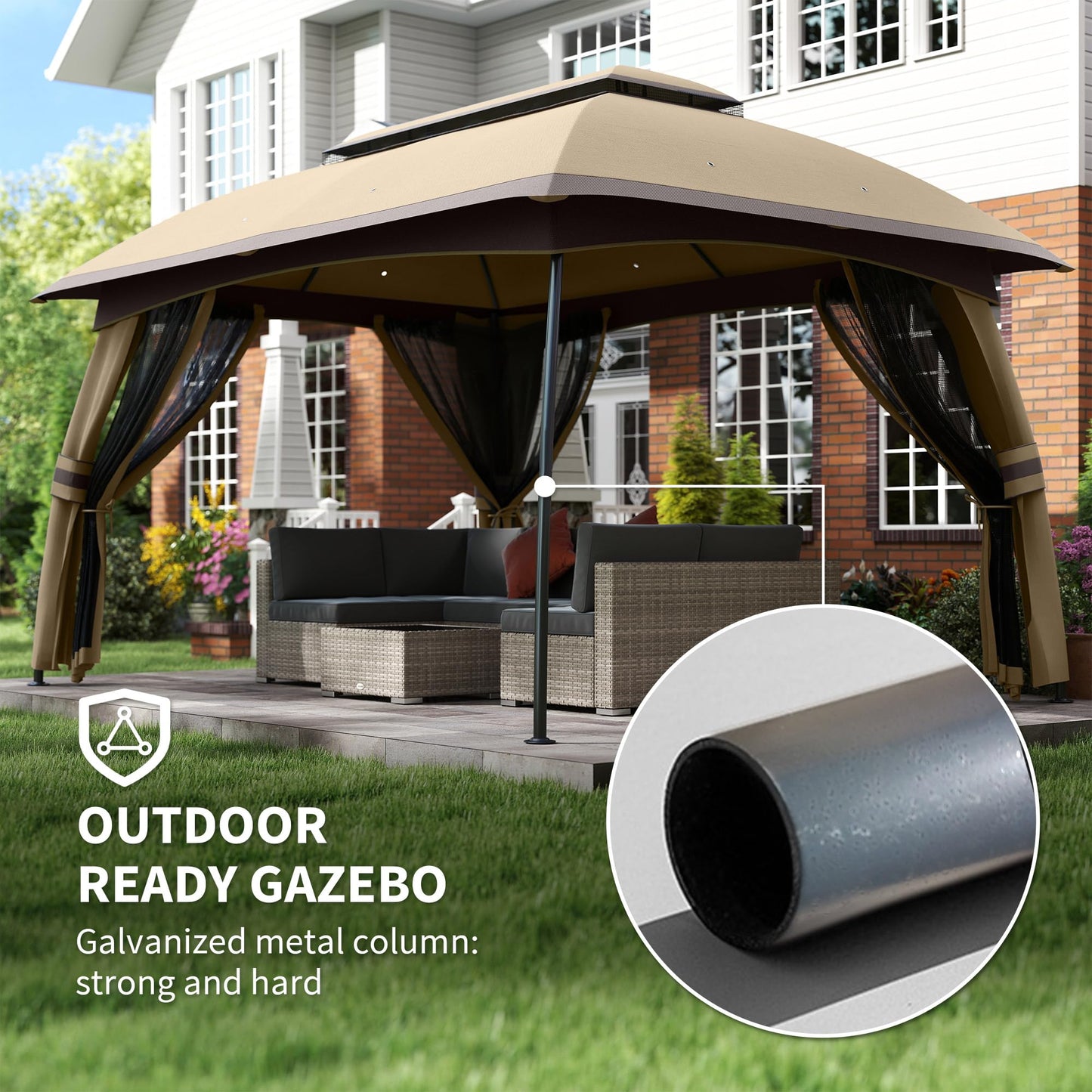 Outsunny 10' x 13' Patio Gazebo, Outdoor Gazebo Canopy Shelter with Netting, Vented Roof, Steel Frame for Garden, Lawn, Backyard, and Deck, Beige