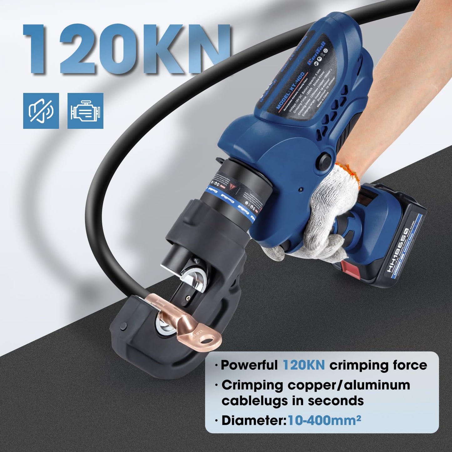 CENTALL Electric Hydraulic Cable Lug Crimper Pliers Rechargeable Crimping Tool 12Ton Electrical Terminal Cable Wire Fiber Crimper Kit with 13 Dies 2 Pcs 5.0Ah Lithium Battery XT-400