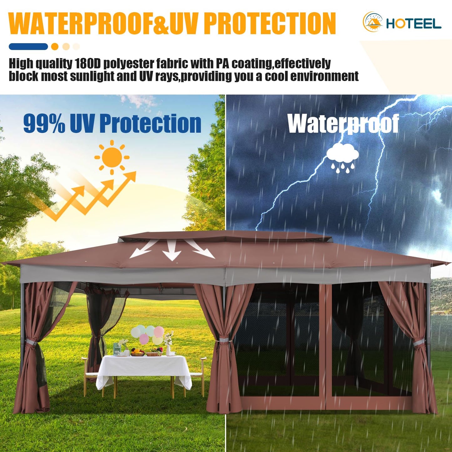 HOTEEL Gazebo 12x20, Outdoor Gazebo on Clearance with Double Ventilated Arc Roof, Privacy Curtains & Mosquito Netting, Easy Set up Canopy Tent with Stable Metal Frame for Patio, Brown