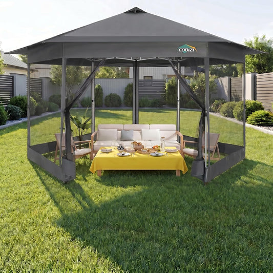 COBIZI 16x16 Pop up Gazebo on Clearance, Hexagonal Outdoor Canopy Tent with Mosquito Netting, Adjustable Height and 256 Square ft of Shade for Party, Backyard, Gardens with Vented Top（Dark Gray）
