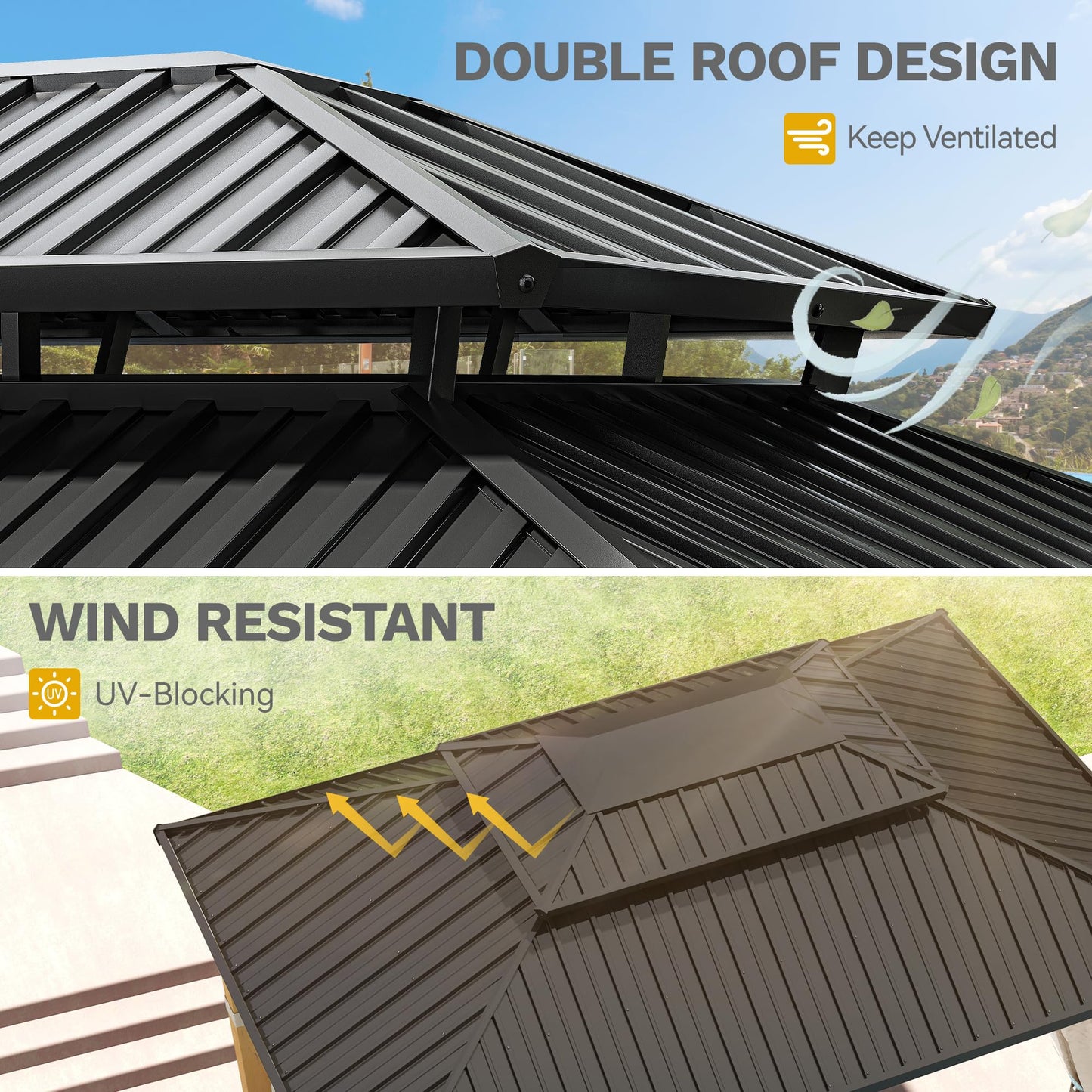 DWVO 11X13FT Gazebo Wood Outdoor Wooden Frame Double Roof Hardtop Galvanized Steel Top Canopy w/Curtain and Netting, Patio Heavy Duty for Deck, Backyard, Beige Yellow