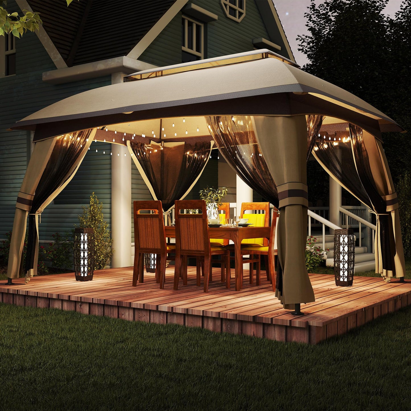 Outsunny 10' x 13' Patio Gazebo, Outdoor Gazebo Canopy Shelter with Netting, Vented Roof, Steel Frame for Garden, Lawn, Backyard, and Deck, Beige