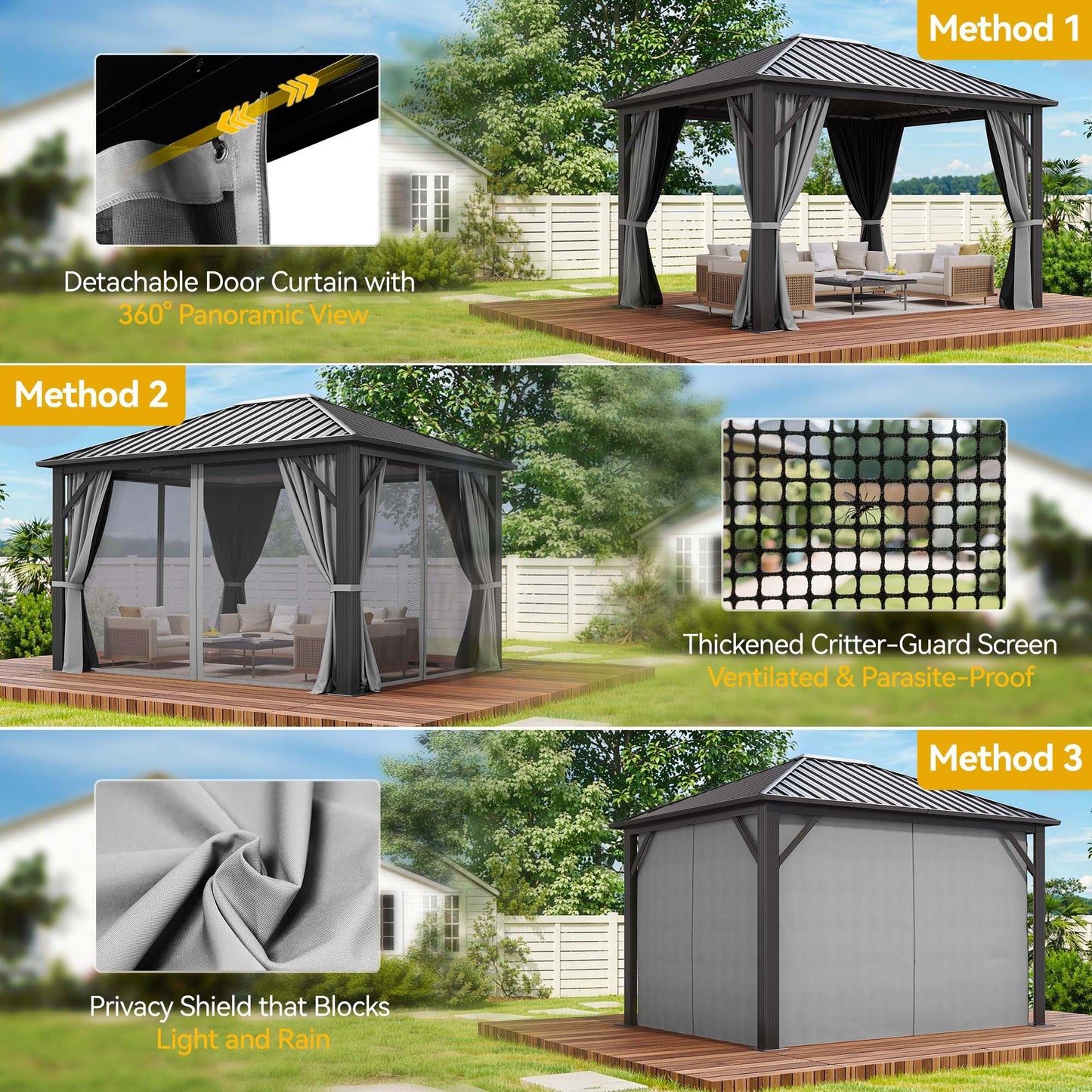 DWVO Gazebo Hardtop 10x12ft Single Roof Heavy Duty Canopy Galvanized Steel Outdoor with Nettings and Curtains for Patio, Backyard, Deck, Lawns, Grey