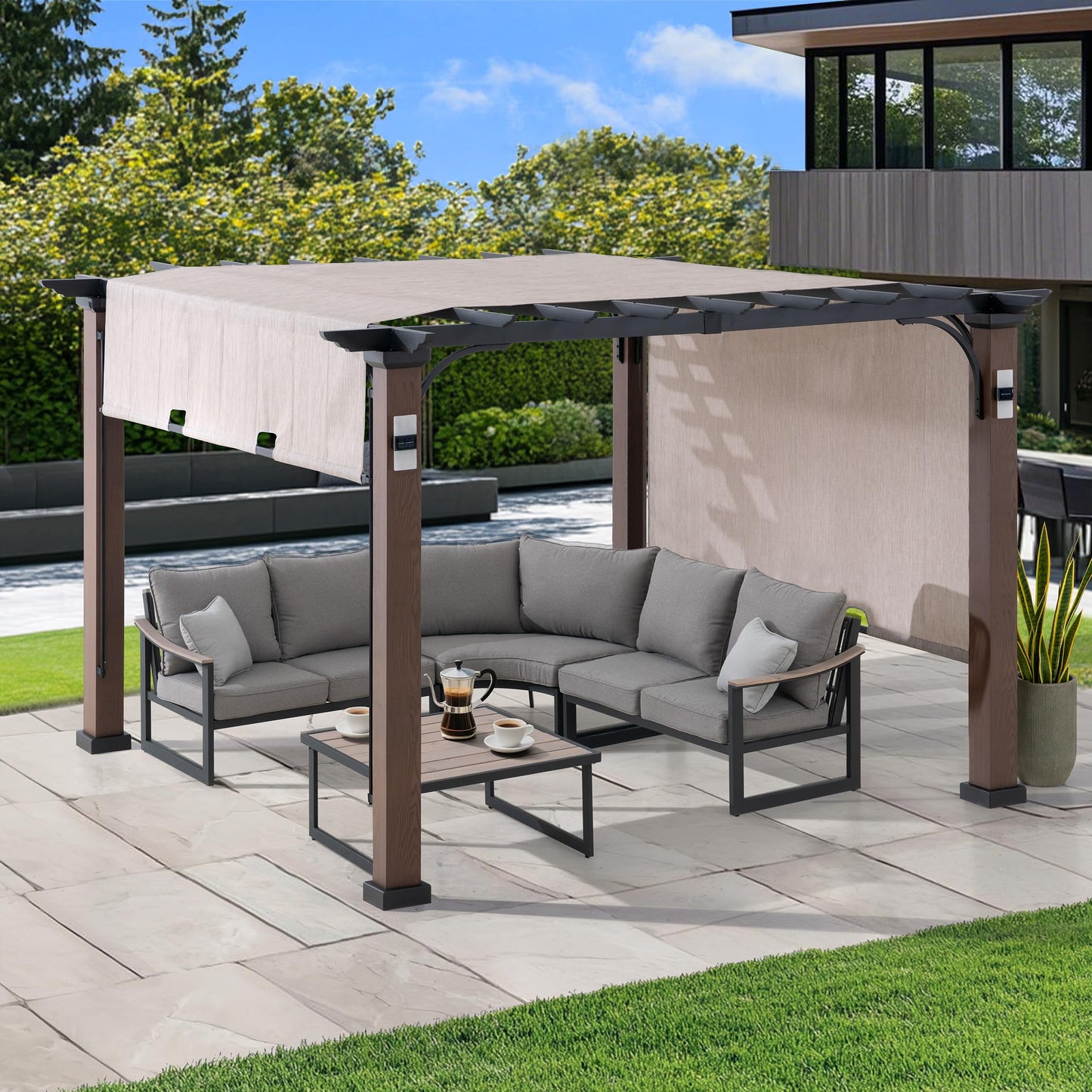 SUNJOY Outdoor Pergola 11 x 11 ft. Steel Pergolas with Sliding Canopy and Solar Lights for Patio, Backyard, Garden Activities