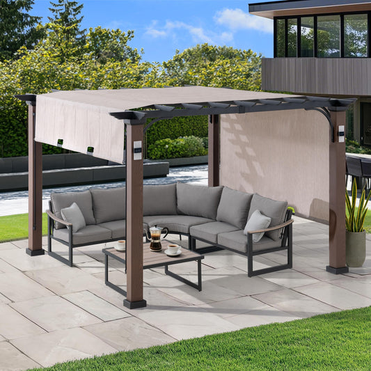 SUNJOY Outdoor Pergola 11 x 11 ft. Steel Pergolas with Sliding Canopy and Solar Lights for Patio, Backyard, Garden Activities