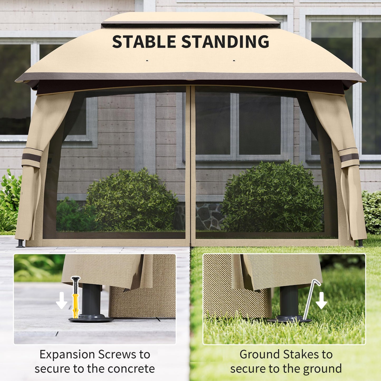 Outsunny 10' x 13' Patio Gazebo, Outdoor Gazebo Canopy Shelter with Netting, Vented Roof, Steel Frame for Garden, Lawn, Backyard, and Deck, Beige