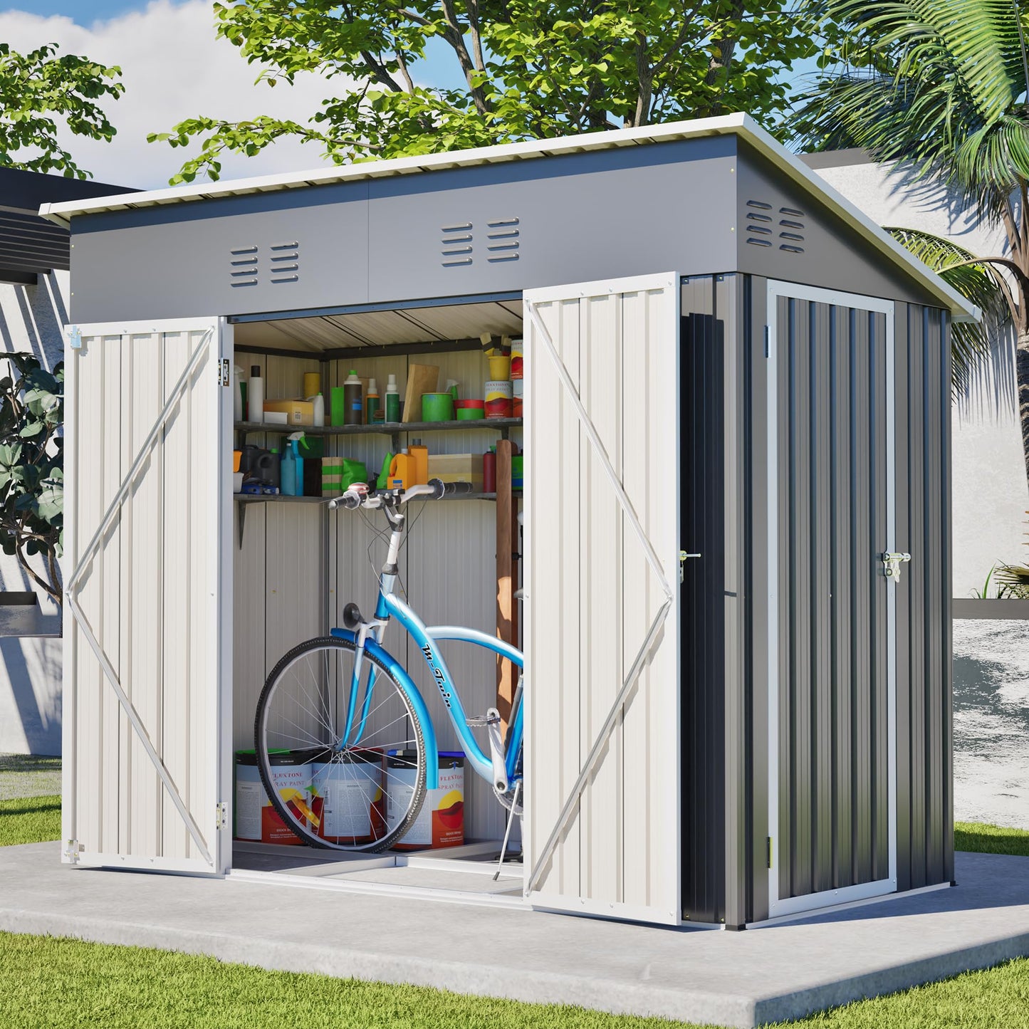 YOPTO 4x8 FT Outdoor Storage Shed,Slope Roof Storage Metal Garden Shed Steel with Reinforced Beams,All Weather Waterproof Garden Tool House W/Lockable Door & 4 Air Vents,for Backyard,Patio,Lawn,Grey