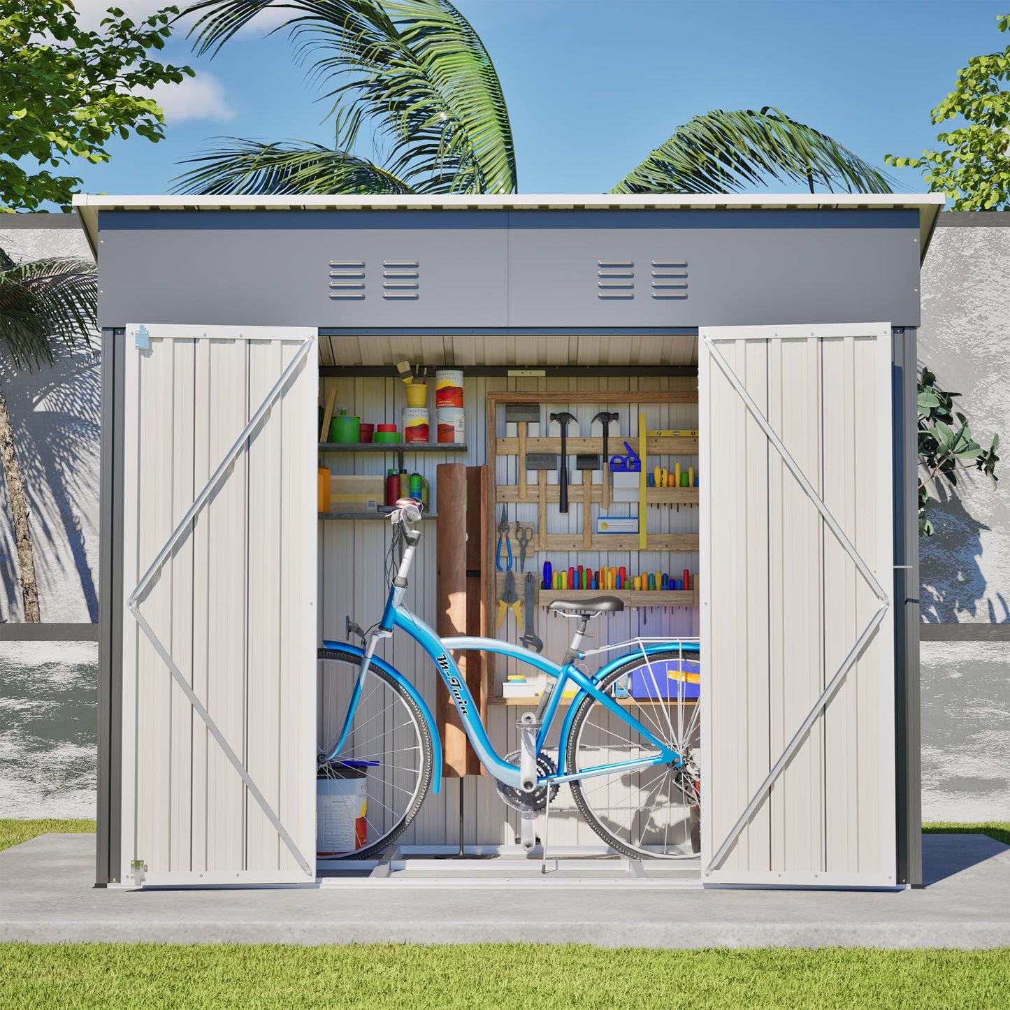 YOPTO 4x8 FT Outdoor Storage Shed,Slope Roof Storage Metal Garden Shed Steel with Reinforced Beams,All Weather Waterproof Garden Tool House W/Lockable Door & 4 Air Vents,for Backyard,Patio,Lawn,Grey