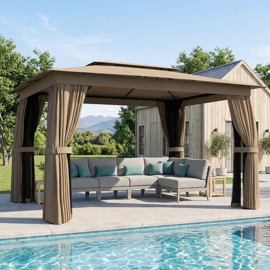 Outsunny 10' x 12' Outdoor Patio Gazebo, Heavy Duty Gazebo Canopy Shelter with Double Roof, Curtains, Netting, Steel Frame, UPF30+ Protection, Ceiling Hooks for Lawn, Backyard, Deck, Khaki
